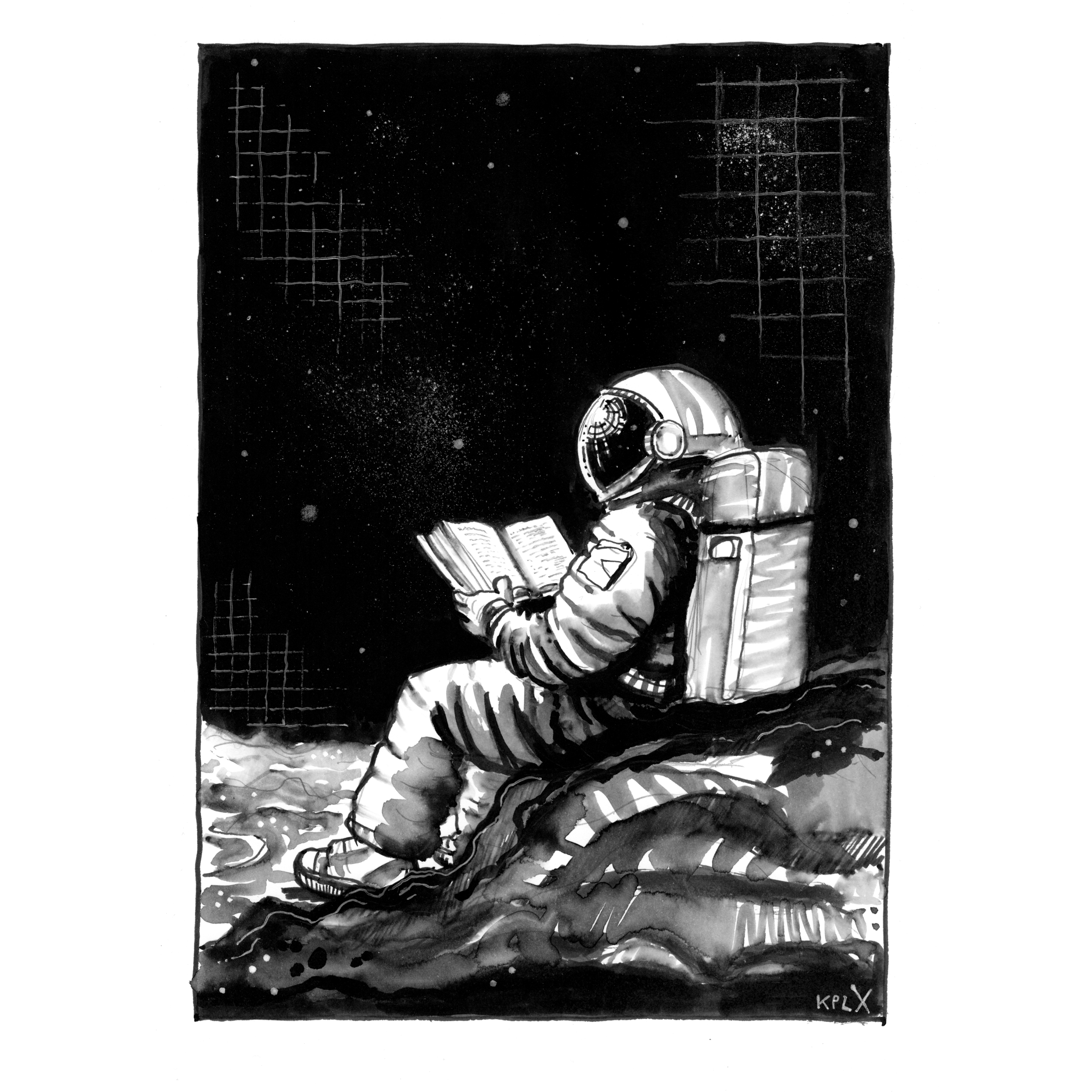 ALT (DE):
Schwarz-weiße Tuschezeichnung eines Astronauten, der auf felsigem Untergrund sitzt und ein Buch liest. Der Raum um ihn ist dunkel und leer, nur feine Strukturen und Lichtpunkte deuten den Weltraum an. Die Szene wirkt ruhig und nachdenklich.

⸻

ALT-Text (English)

ALT (EN):
Black and white ink drawing of an astronaut sitting on rocky ground and reading a book. The surrounding space is dark and empty, with subtle textures and small light specks suggesting outer space. The scene feels calm and contemplative.