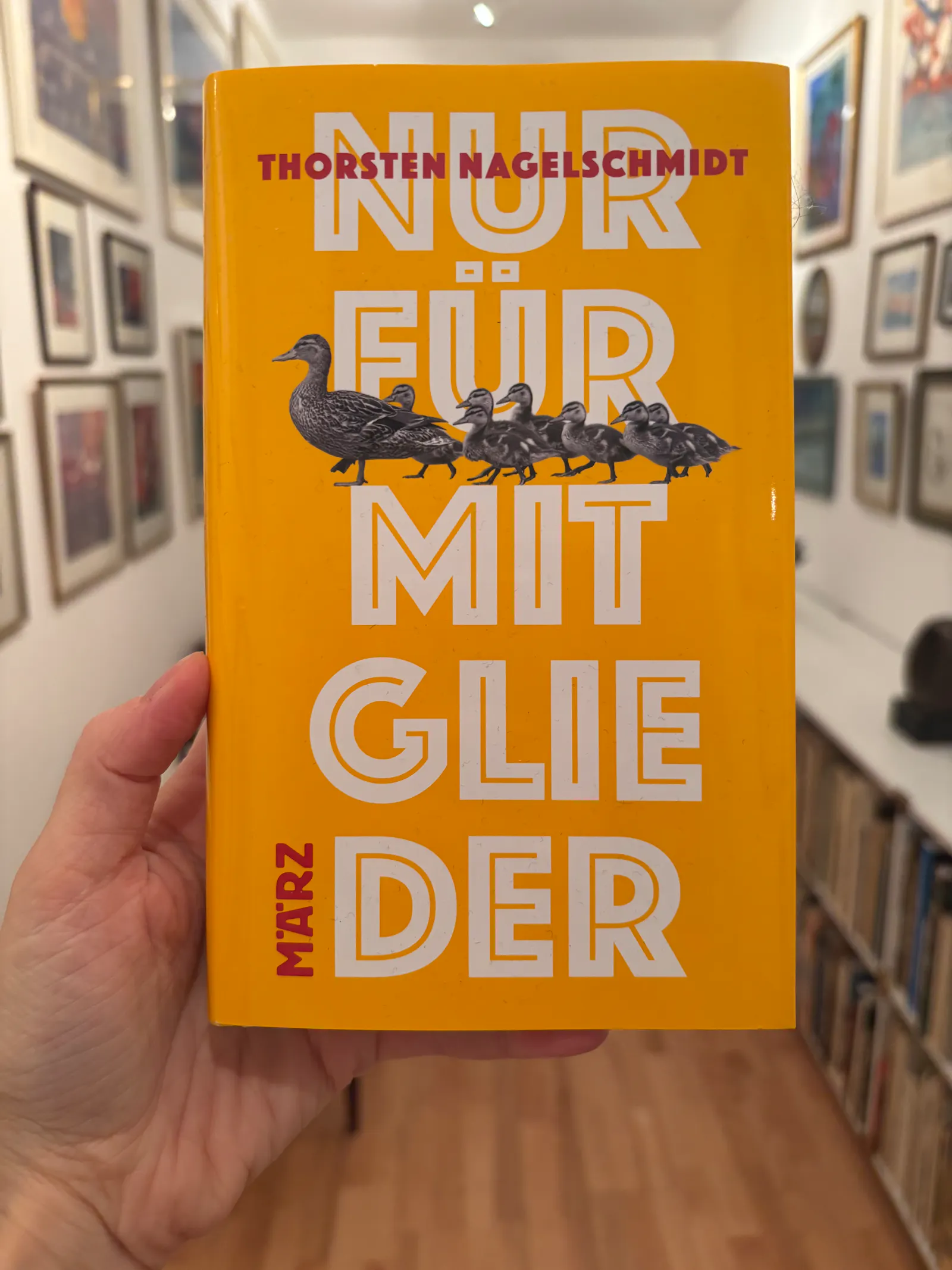 Cover von "Nur für Mitglieder" von Thorsten Nagelschmidt erschienen im März Verlag mit einer Stockentenfamilie, die durchs Bild läuft.