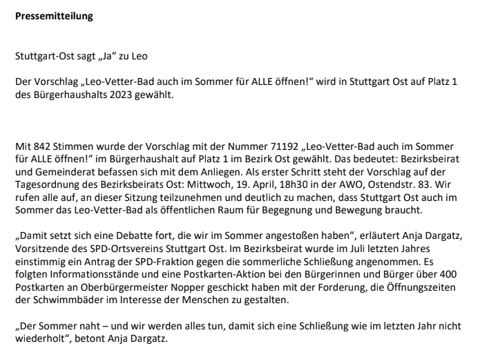 Pressemitteilung der SPD Stuttgart-Ost zum Leo-Vetter-Bad.