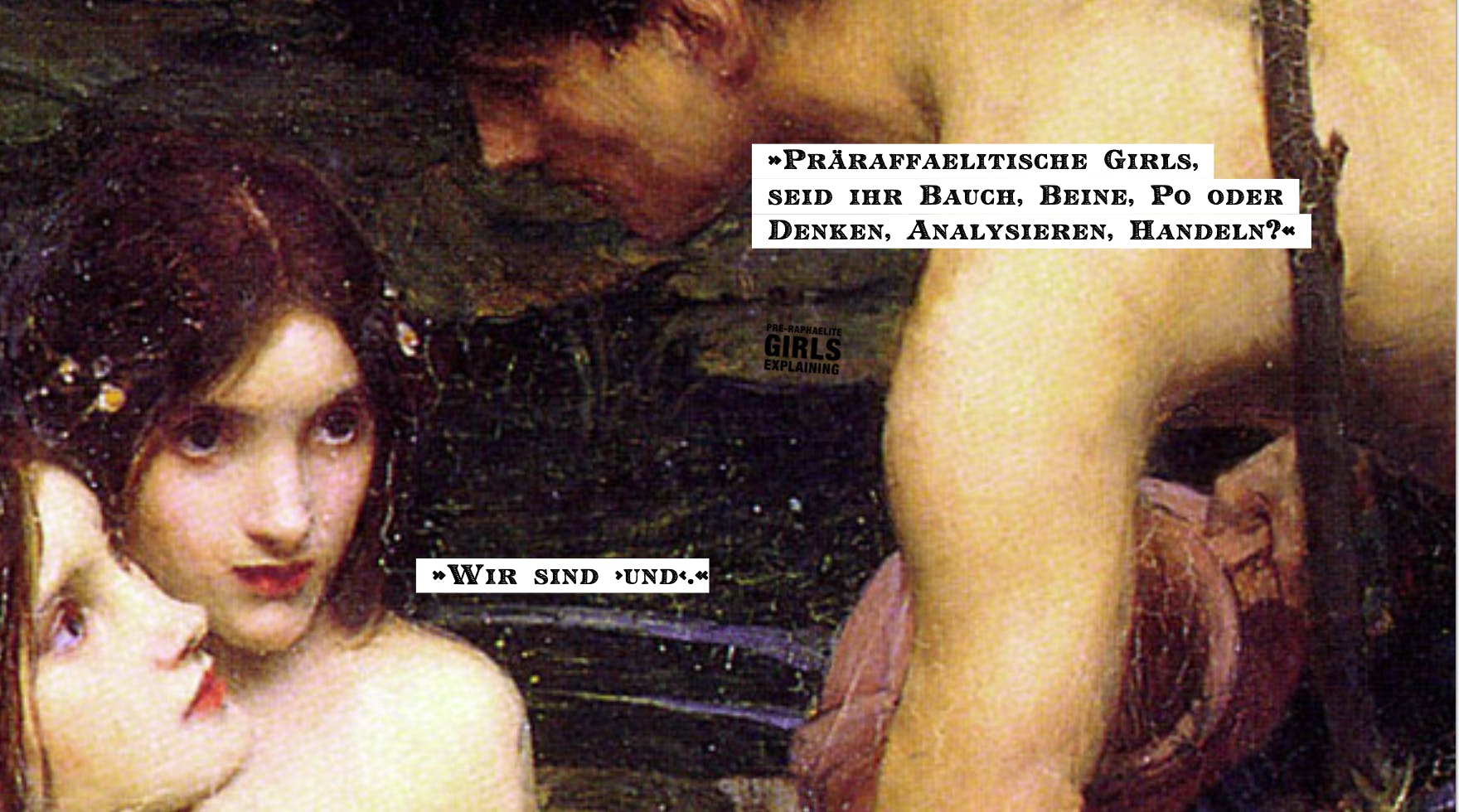 Personen in einem Seerosenteich. Hinzugefügter Text: »Bist du Bauch, Beine, Po oder Denken, Analysieren, Handeln?« 
»Wir sind ›und‹.«