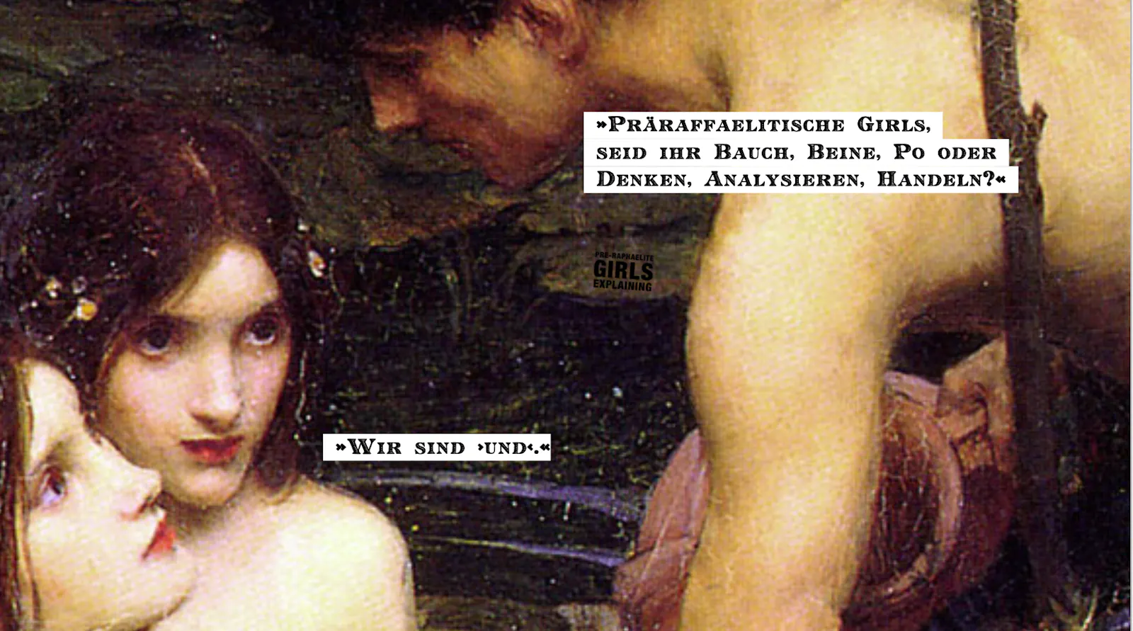 Personen in einem Seerosenteich. Hinzugefügter Text: »Bist du Bauch, Beine, Po oder Denken, Analysieren, Handeln?«
»Wir sind ›und‹.«