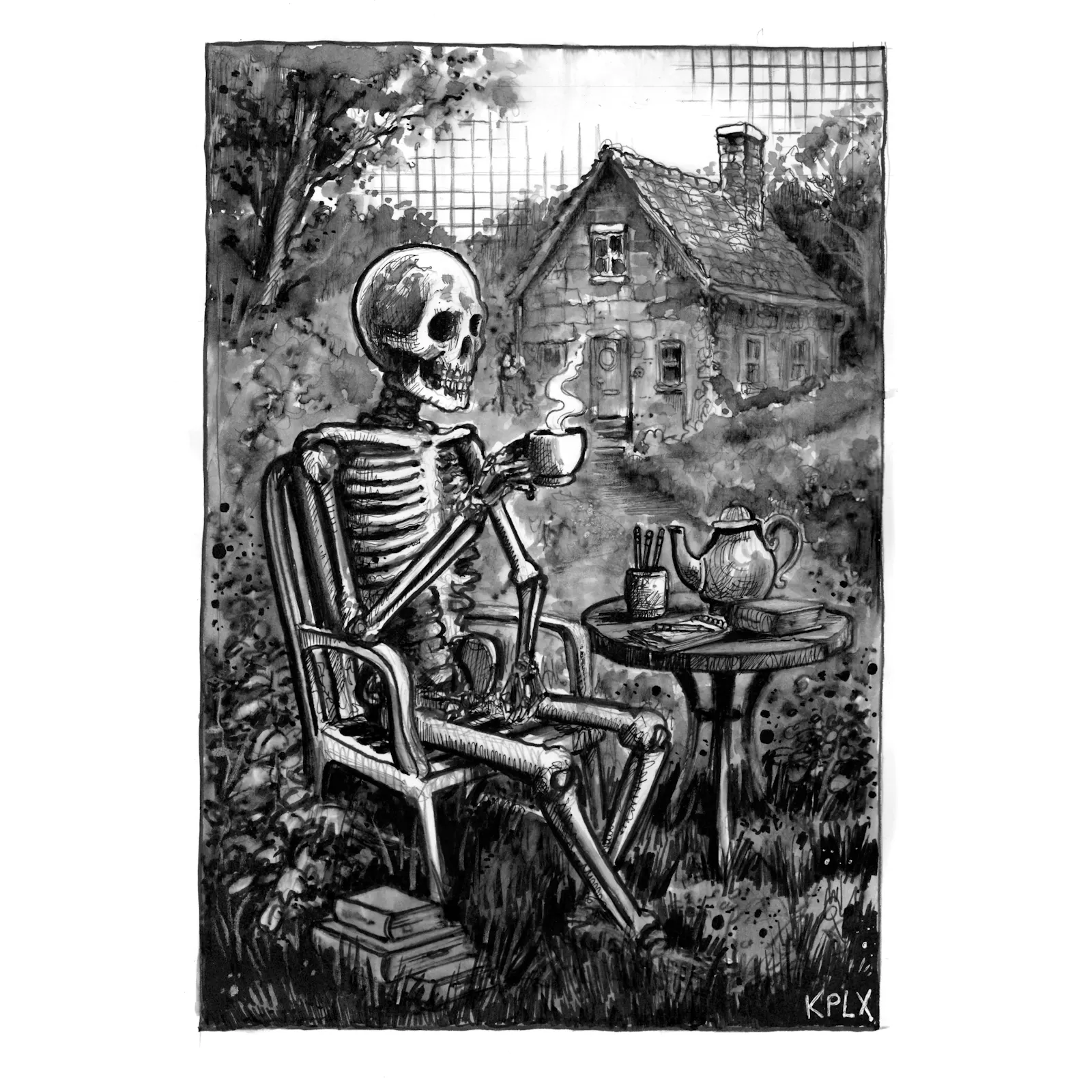 EN
Black-and-white ink drawing in A4 format. The scene shows a skeleton sitting comfortably on a garden chair in front of a small round table, holding a steaming cup of tea and appearing calm and content. On the table are a teapot, another cup, a few books, and some pencils. In the background stands a quaint old cottage with a chimney, surrounded by lush greenery and trees. The drawing is richly detailed with fine cross-hatching and strong light-dark contrasts, creating a quiet, melancholic, and subtly humorous atmosphere — a serene reflection on mortality and peace.
DE
Schwarz-weiße Tuschezeichnung im A4-Format. In der Szene sitzt ein Skelett gemütlich auf einem Gartenstuhl vor einem kleinen runden Tisch. Es hält eine dampfende Teetasse in der Hand und wirkt entspannt, als würde es die Ruhe genießen. Auf dem Tisch stehen eine Teekanne, eine zweite Tasse, ein paar Bücher und Schreibutensilien. Im Hintergrund ist ein idyllisches altes Cottage mit Schornstein und begrüntem Garten zu sehen, umgeben von Bäumen und Sträuchern. Die Zeichnung ist detailreich schraffiert, mit starkem Hell-Dunkel-Kontrast und melancholisch-ruhiger Stimmung – eine stille, humorvolle Szene zwischen Vergänglichkeit und Gelassenheit.