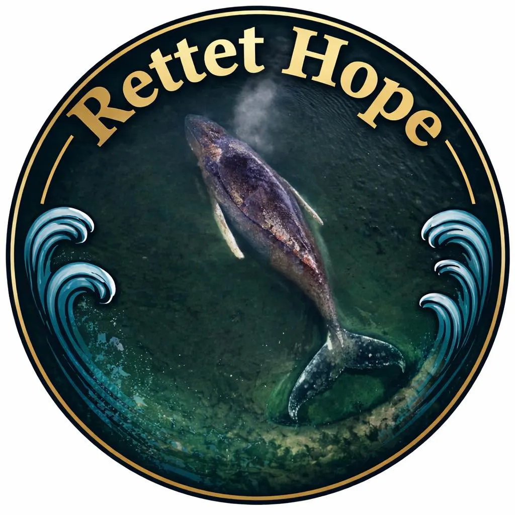 A round button used in campaigns for Timmy the whale (also known as "Hope"), a humpback whale and above it the slogan "Rettet Hope" (German for: Save Hope)