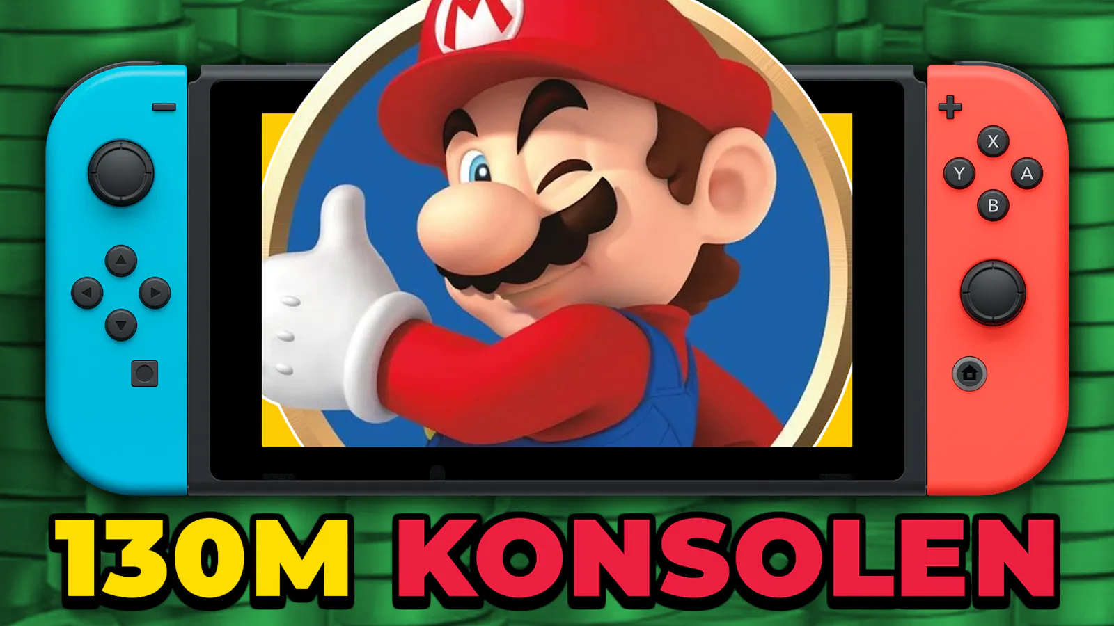 130 Millionen Konsolen als Text unter einem glücklichen Mario in einer Nintendo Switch