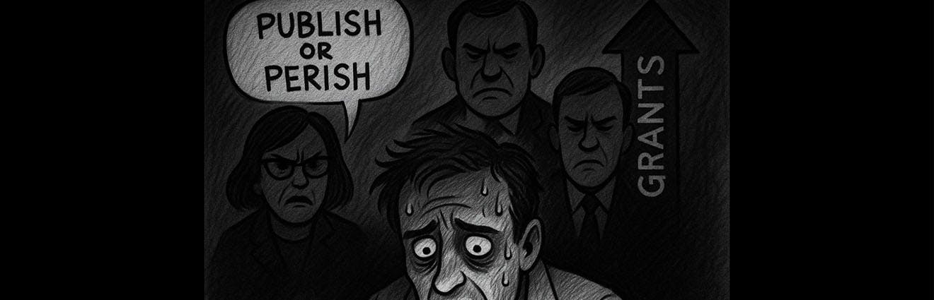 Wissenschaftler mit angstverzerrtem Gesicht am Schreibtisch, im Hintergrund Menschen mit Sprechblase "Publish or Perish"