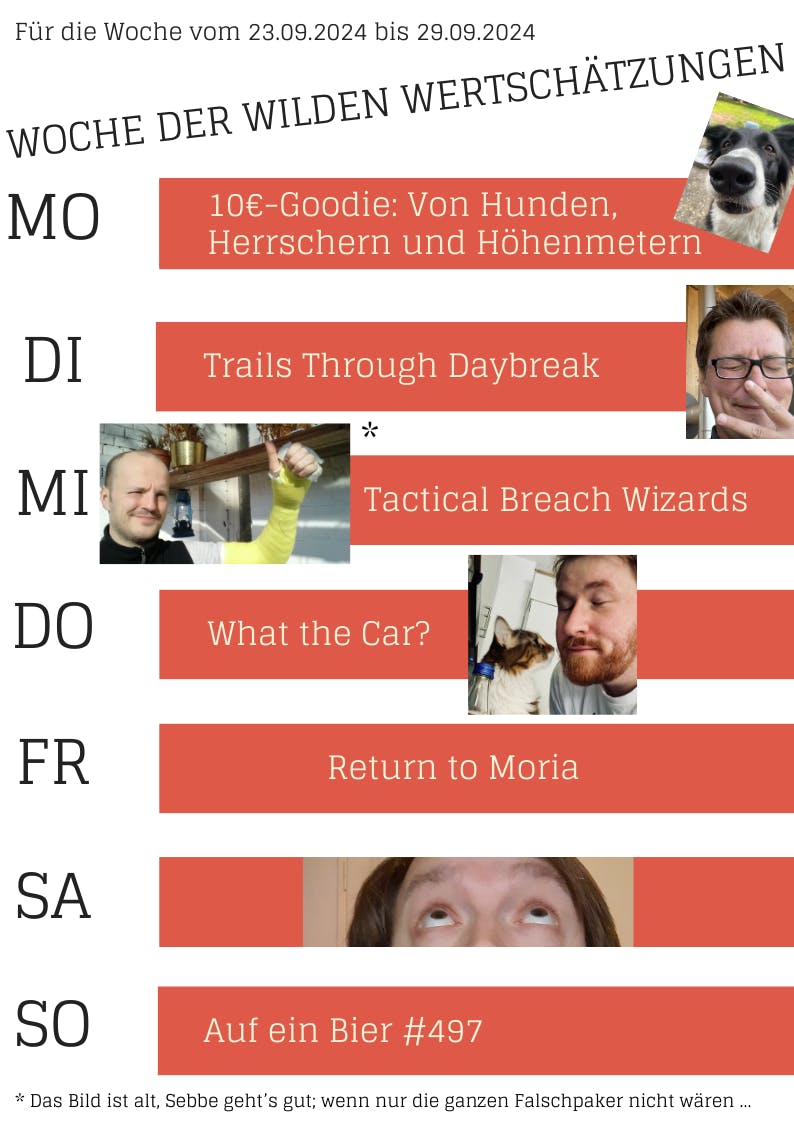 Woche der wilden Wertschätzungen. Mo Goodie Di Trails Through Daybreak Mi Tactical Breach Wizard Do What the Car Fr Return to Moria