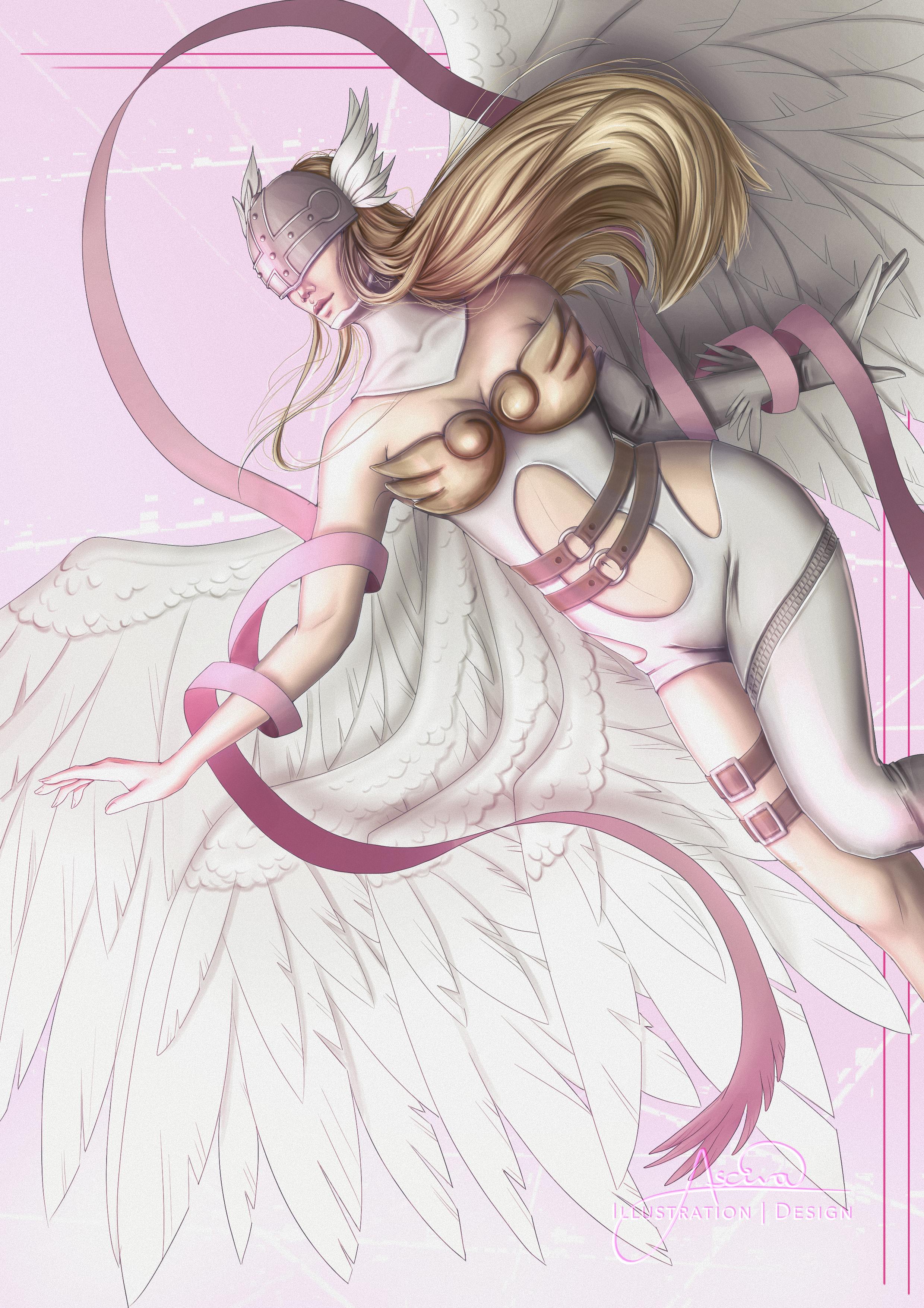 Digitale Zeichnung von Angewomon im Flug vor rosa Hintergrund, den rechten Arm nach unten links ausgestreckt
