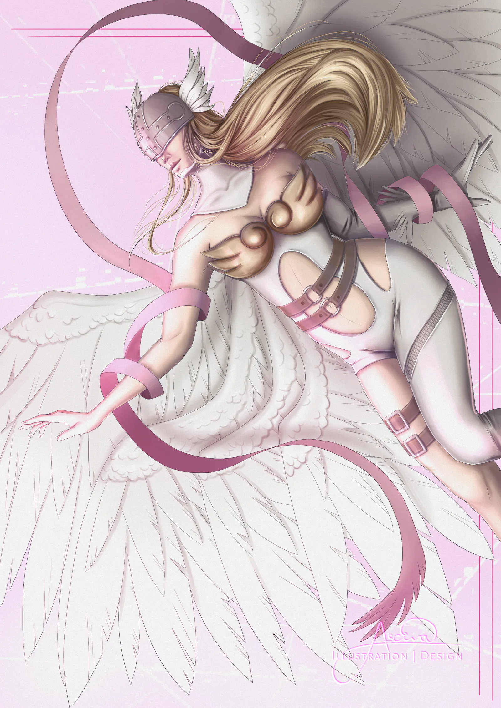 Digitale Zeichnung von Angewomon im Flug vor rosa Hintergrund, den rechten Arm nach unten links ausgestreckt