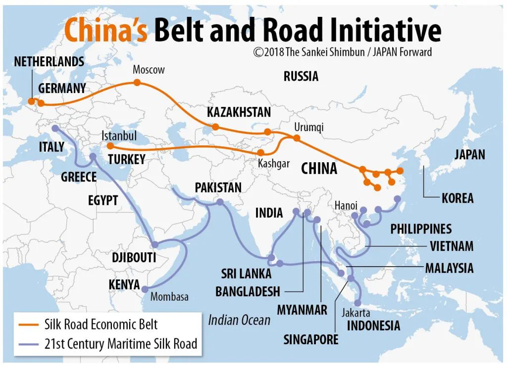 (Die Belt-and-Road-Initiative ist Chinas transkontinentale langfristige Politik- und Entwicklungsprojekt, das sich auf den Infrastrukturausbau, die Konnektivität und die Beschleunigung der wirtschaftlichen Zusammenarbeit und Integration der Länder entlang der Route der historischen Seidenstraße über Europa, Asien, den Nahen Osten, Lateinamerika und Afrika konzentriert.)