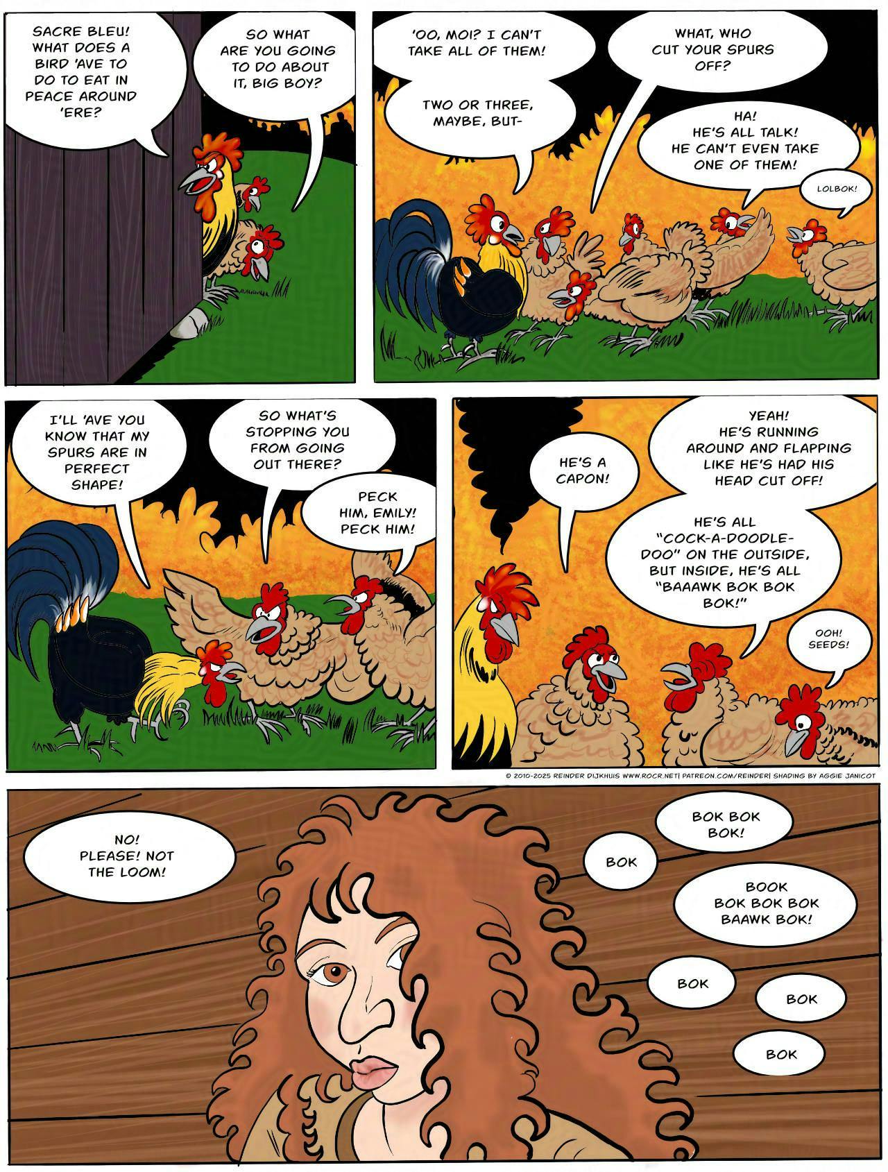 Panel 1.
Jean-Pierre: Sacre bleu! What does a bird ’ave to do to eat in peace around ’ere?
Emily: So what are you going to do about it, big boy?

Panel 2.
Jean-Pierre: ’Oo, moi? I can’t take all of them! Two or three, maybe, but-
Emily: What, who cut your spurs off?
Florence: Ha! He’s all talk! He can’t even take one of them!
Gertrude: Lolbok!

Panel 3.
Jean-Pierre: I’ll ’ave you know that my spurs are in perfect shape!
Emily: So what’s stopping you from going out there?
Florence: Peck him, Emily! Peck him!

Panel 4.
Emily: He’s a capon!
Florence: Yeah! He’s running around and flapping like he’s had his  head cut off! He’s all “cock-a-doodle-doo” on the outside, but inside, he’s all “baaawk bok bok bok!”
Gertrude: Ooh! Seeds!

Panel 5.
The wild woman from the woods is listening intently to the chickens outside.
Chickens: Bok Bok Bok Book bok bok bok baawk bok!