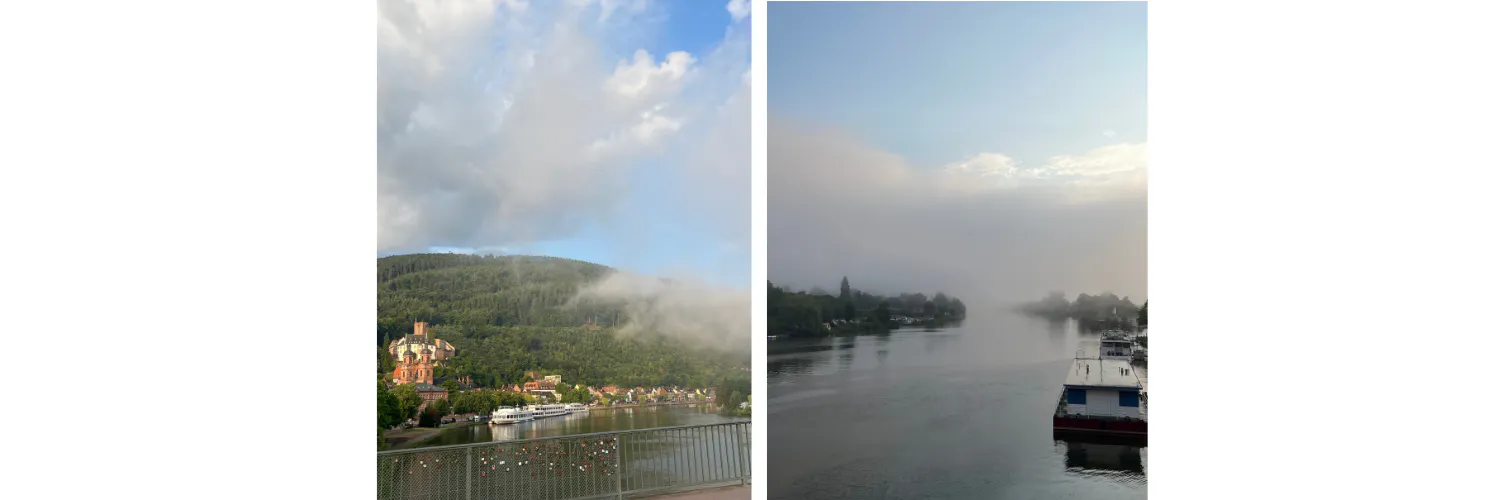 Auf den beiden Fotos sieht man den Main früh morgens einmal auf der rechten und einmal auf der linken Seite der Brücke. Man sieht ein Boot und Nebel auf dem Wasser und einige Villenartige Gebäude an der Uferböschung.
