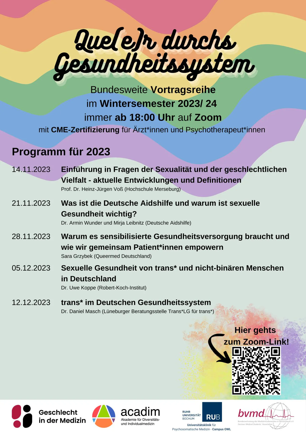 Veranstaltungsreihe "Queer durchs Gesundheitssystem". Der Titel ist eine Anspielung zwischen den Wörtern queer und quer.