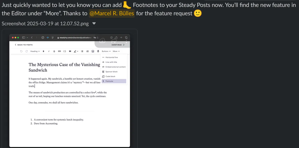 Screenshot of Steady Slack Community, announcing the availability of FOOTNOTES