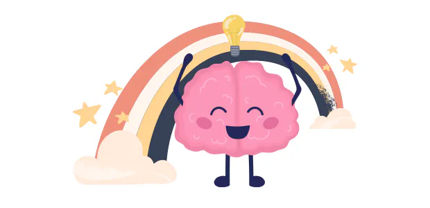 Ein fröhliches Gehirn mit einer Glühbirne vor einem Regenbogen (Illustration)