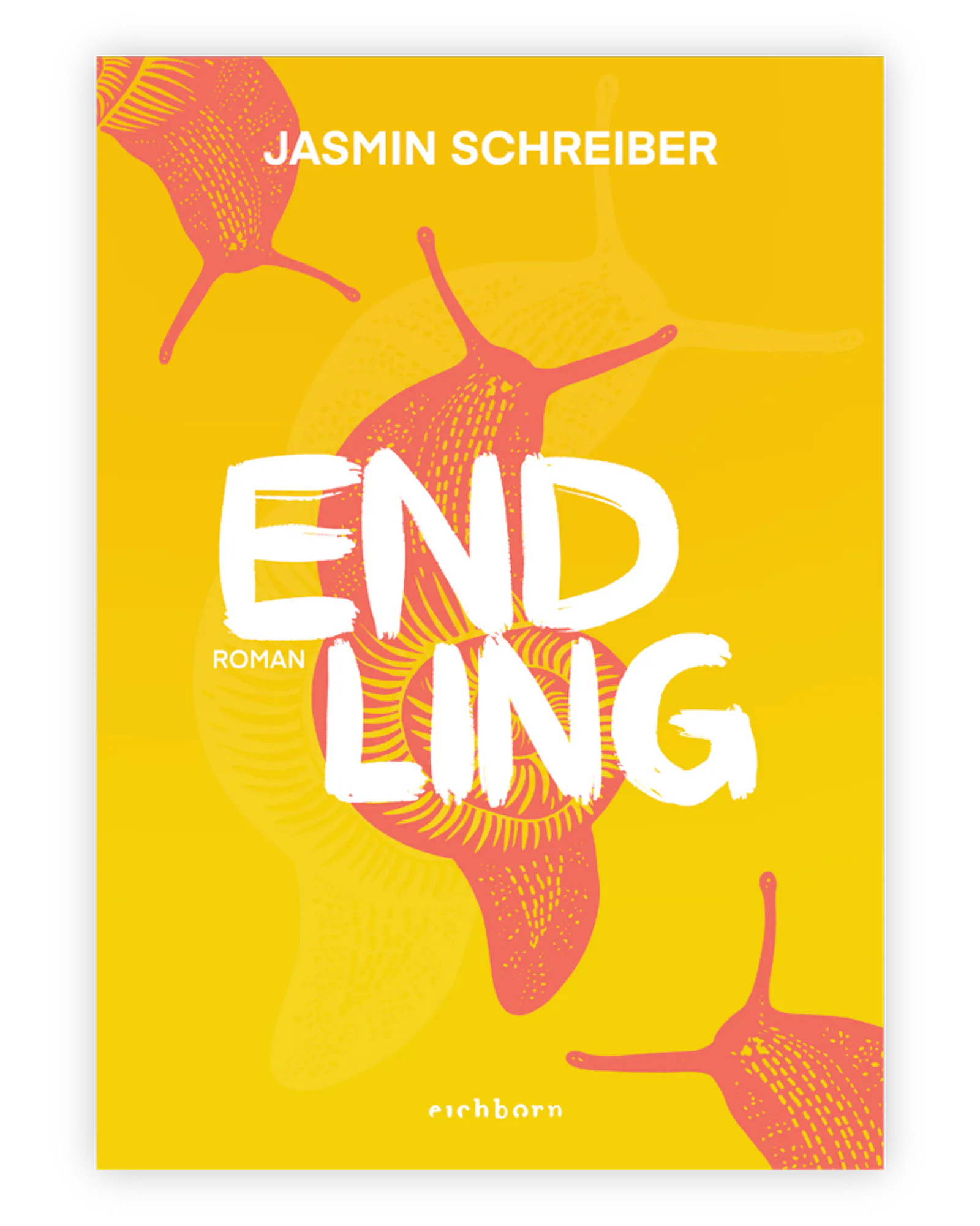 Cover Endling von Jasmin Schreiber
Gelber Hintergrund mit gezeichneten rötlichen Schnecken