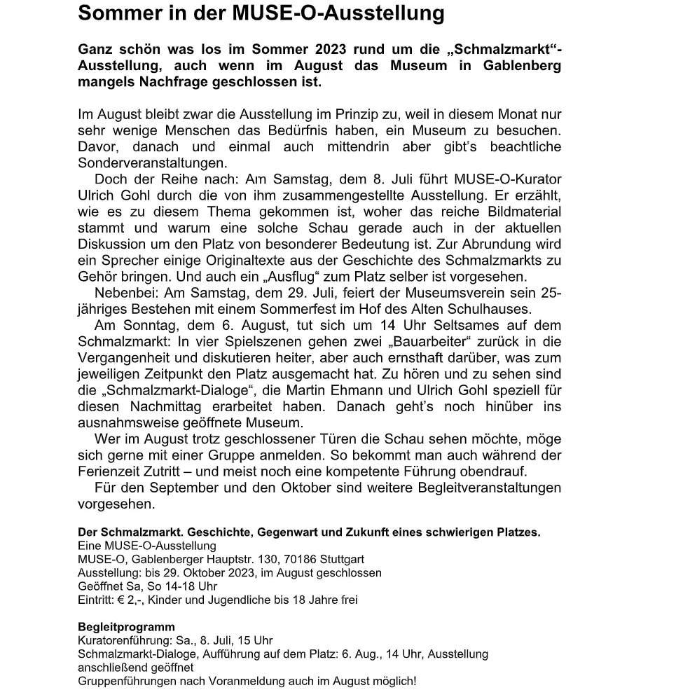 Pressemitteilung von Muse-O zum Programm zur Schmalzmarkt-Ausstellung im Sommer