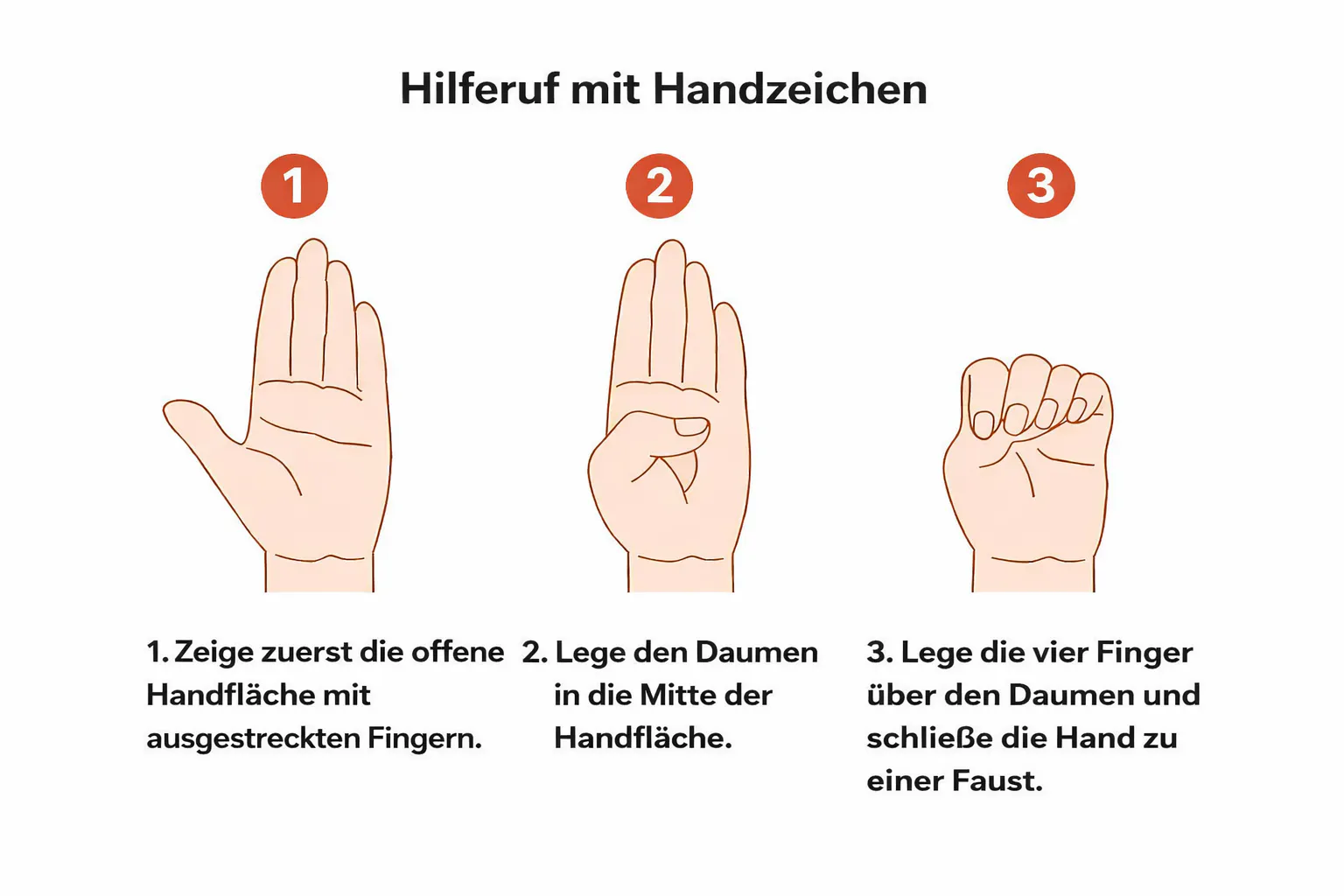 Das Bild zeigt eine Anleitung für das SOS-Handzeichen in drei Schritten. Schritt 1: Eine offene Hand mit ausgestreckten Fingern. Schritt 2: Der Daumen wird in die Mitte der Handfläche gelegt. Schritt 3: Die vier Finger werden über den Daumen gelegt und die Hand zur Faust geschlossen. Die Überschrift lautet "Hilferuf mit Handzeichen".