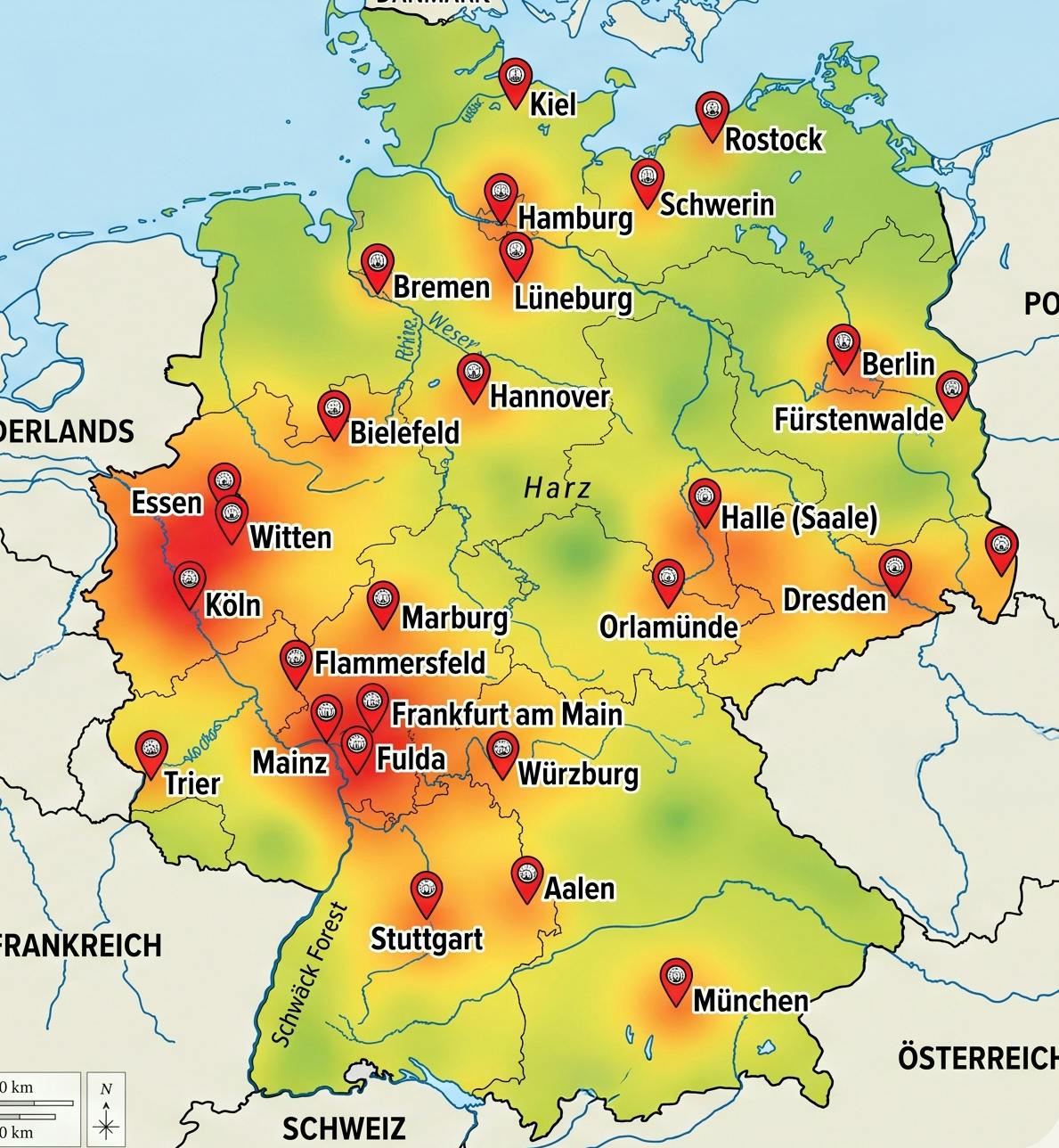 Aalen

Berlin

Bielefeld

Bremen

Darmstadt

Dresden

Essen

Flammersfeld

Frankfurt am Main

Fulda

Fürstenwalde

Görlitz Weinhübel

Halle (Saale)

Hamburg

Hannover

Kiel

Köln

Lüneburg

Mainz

Marburg

München

Orlamünde

Rostock

Schwerin

Stuttgart

Trier

Wiesbaden

Witten

Würzburg