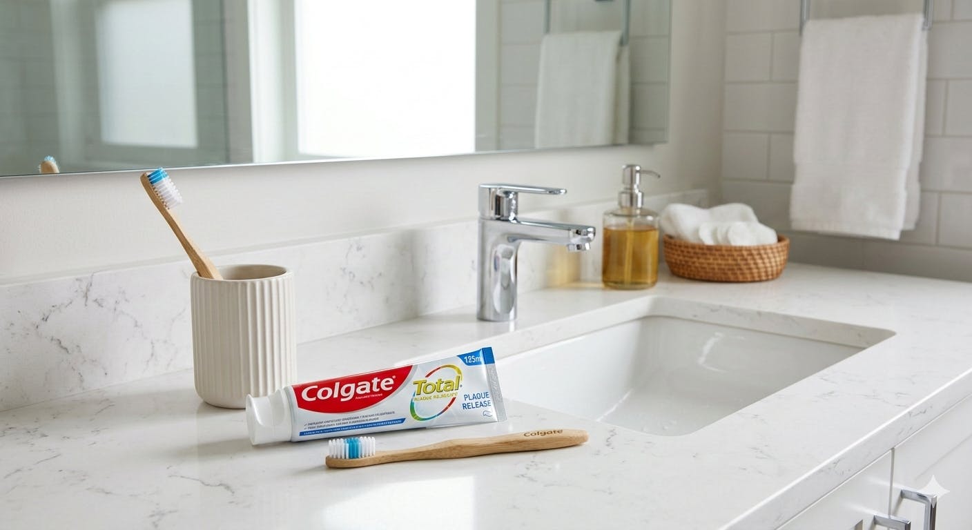 bathroom countertop with Colgate toothpaste picture