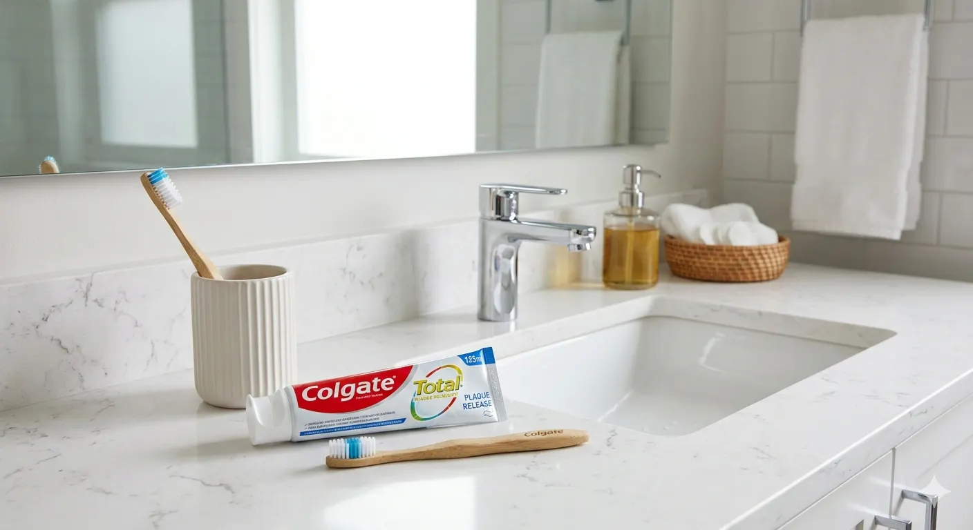 bathroom countertop with Colgate toothpaste picture