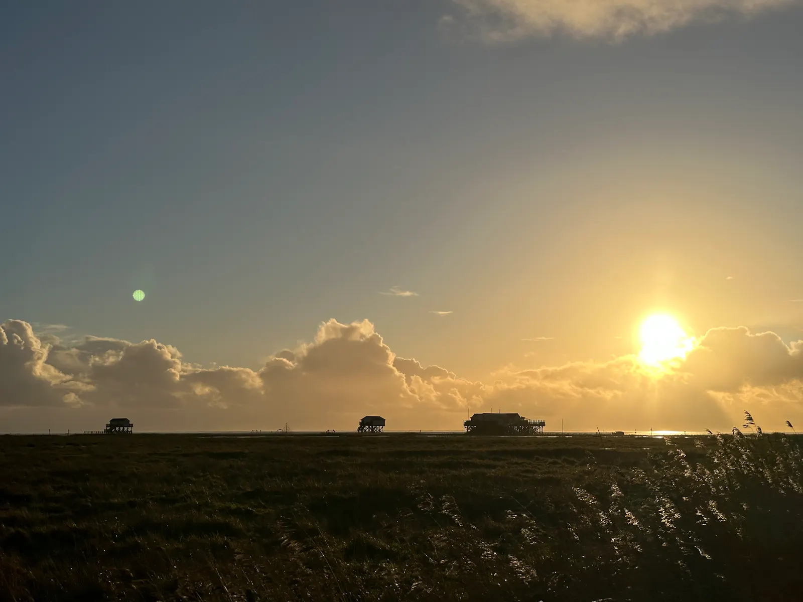 Blick auf den Strand in St. Peter Ording. Im Hintergrund sieht man die Pfahlbauten, darüber einen von der Sonne in goldgelbes Licht getauchten Himmel.