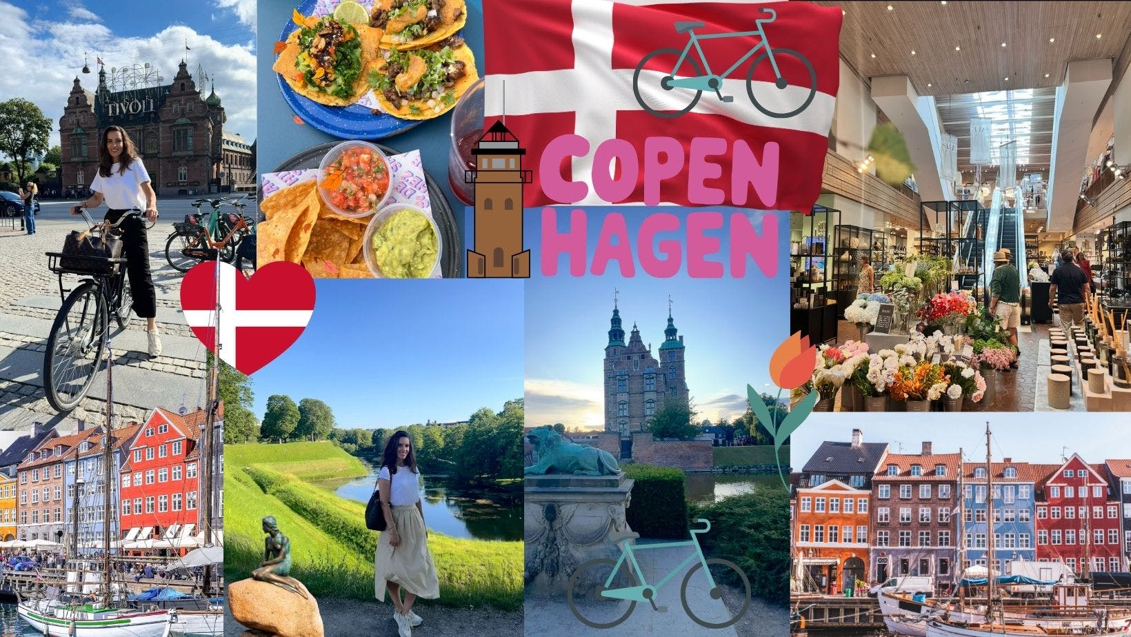 Von links nach rechts: Biden vorm Tivoli, Essen auf dem Food market, Klamotten shoppen zwischen Blumen im Illums Bolighus, die bunten Häuser von Nyhavn, Anna versucht auf der Sternenfestung zu posieren, Schloss Amalienborg, nochmal die bunten Häuser, weil sie vom schön sind...