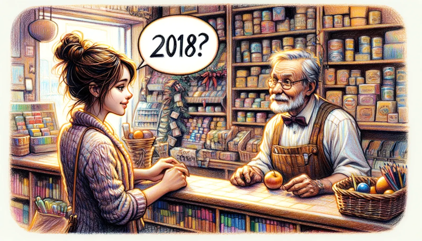 A woman asking a shop clerk "2018?"