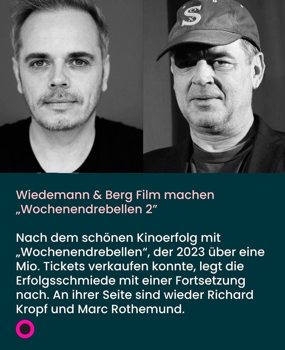Ein Foto von Richard Kropf neben dem Bild von Marc Rothemund und dem Text. Wiedemann & Berg Film machen "Wochenendrebellen 2"

Nach dem schönen Kinoerfolg mit "Wochenendrebellen", der 2023 über eine Mio. Tickets verkaufen konnte, legt die Erfolgsschmiede mit einer Fortsetzung nach. An ihrer Seite sind wieder Richard Kropf und Marc Rothemund.