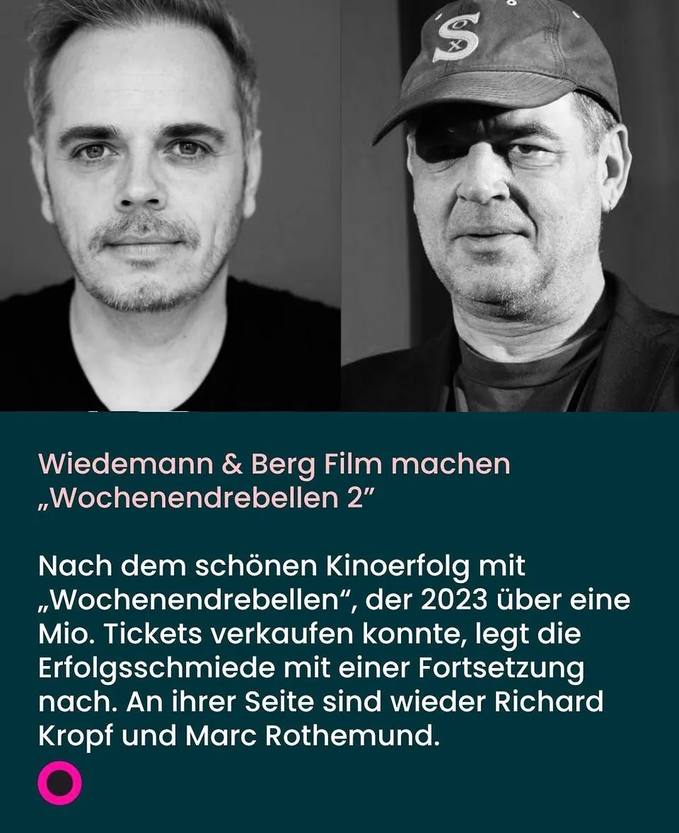 Ein Foto von Richard Kropf neben dem Bild von Marc Rothemund und dem Text. Wiedemann & Berg Film machen "Wochenendrebellen 2"
Nach dem schönen Kinoerfolg mit "Wochenendrebellen", der 2023 über eine Mio. Tickets verkaufen konnte, legt die Erfolgsschmiede mit einer Fortsetzung nach. An ihrer Seite sind wieder Richard Kropf und Marc Rothemund.