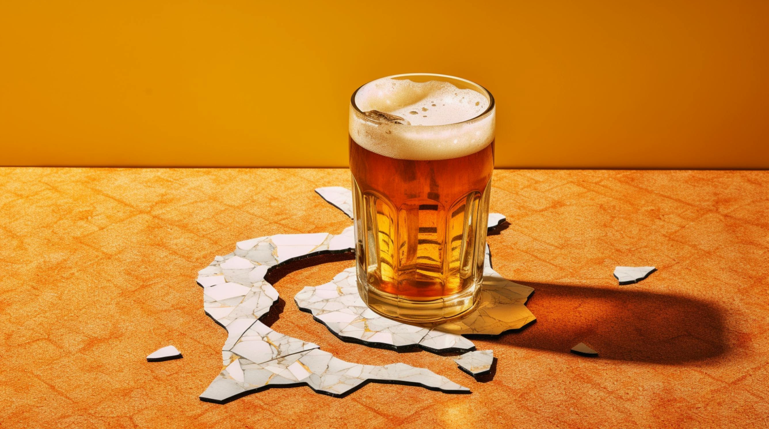 Ein Glas Bier steht auf einem Tisch. Unter dem Glas ist eine zerbrochene Fliese. Das Bild ist in Orange-Tönen gehalten.