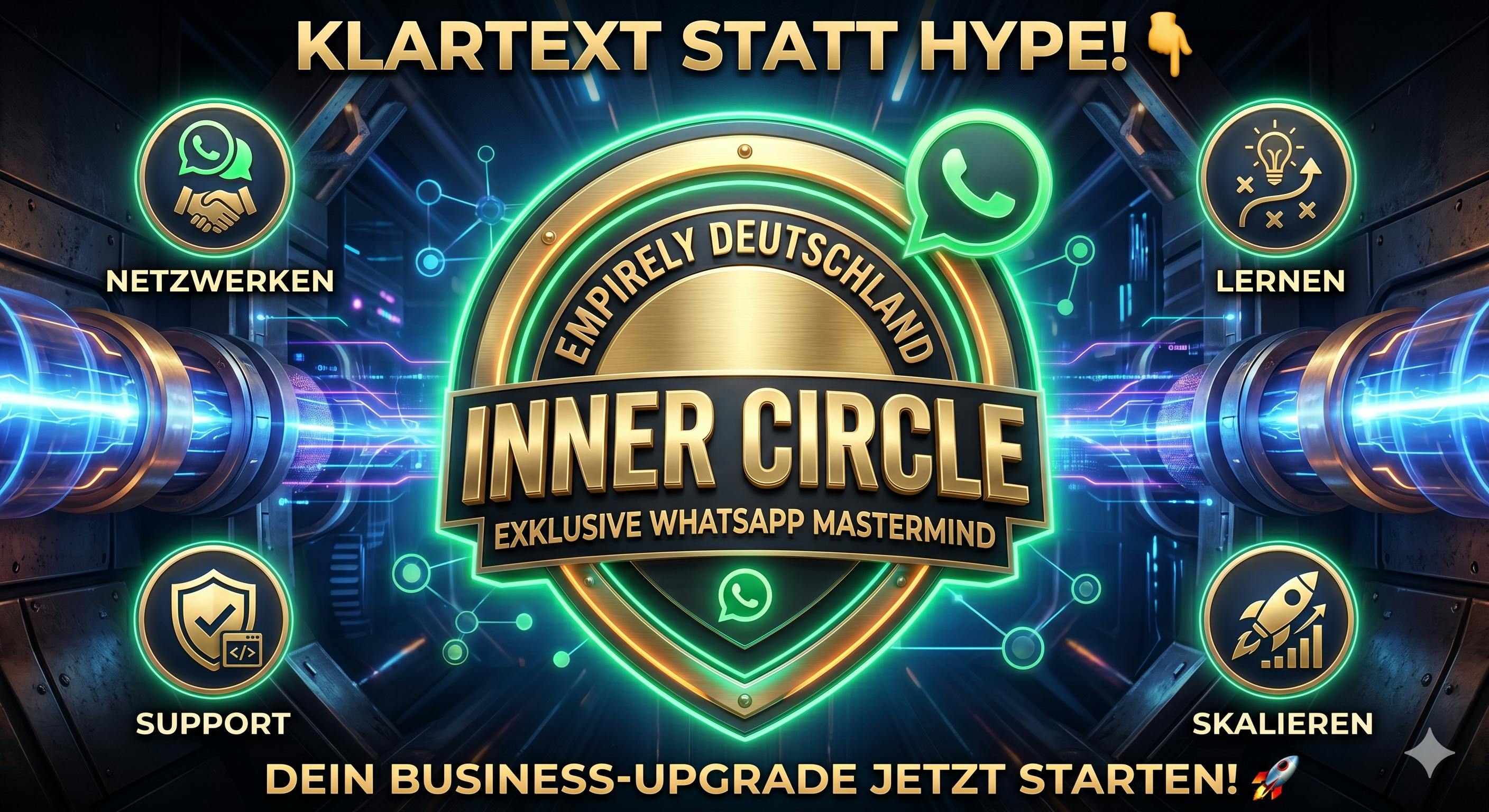 Goldenes 3D-Siegel des EMPIRELY Deutschland Inner Circle. Die exklusive WhatsApp-Mastermind für echtes Business-Wachstum. Die Grafik zeigt die vier Säulen: Netzwerken, Lernen, Support und Skalieren im modernen Maschinenraum-Design. Klartext statt Hype – jetzt dein Business-Upgrade starten!
