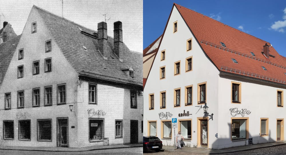 Das Café Andelt in Freiberg 1964 und 2024.