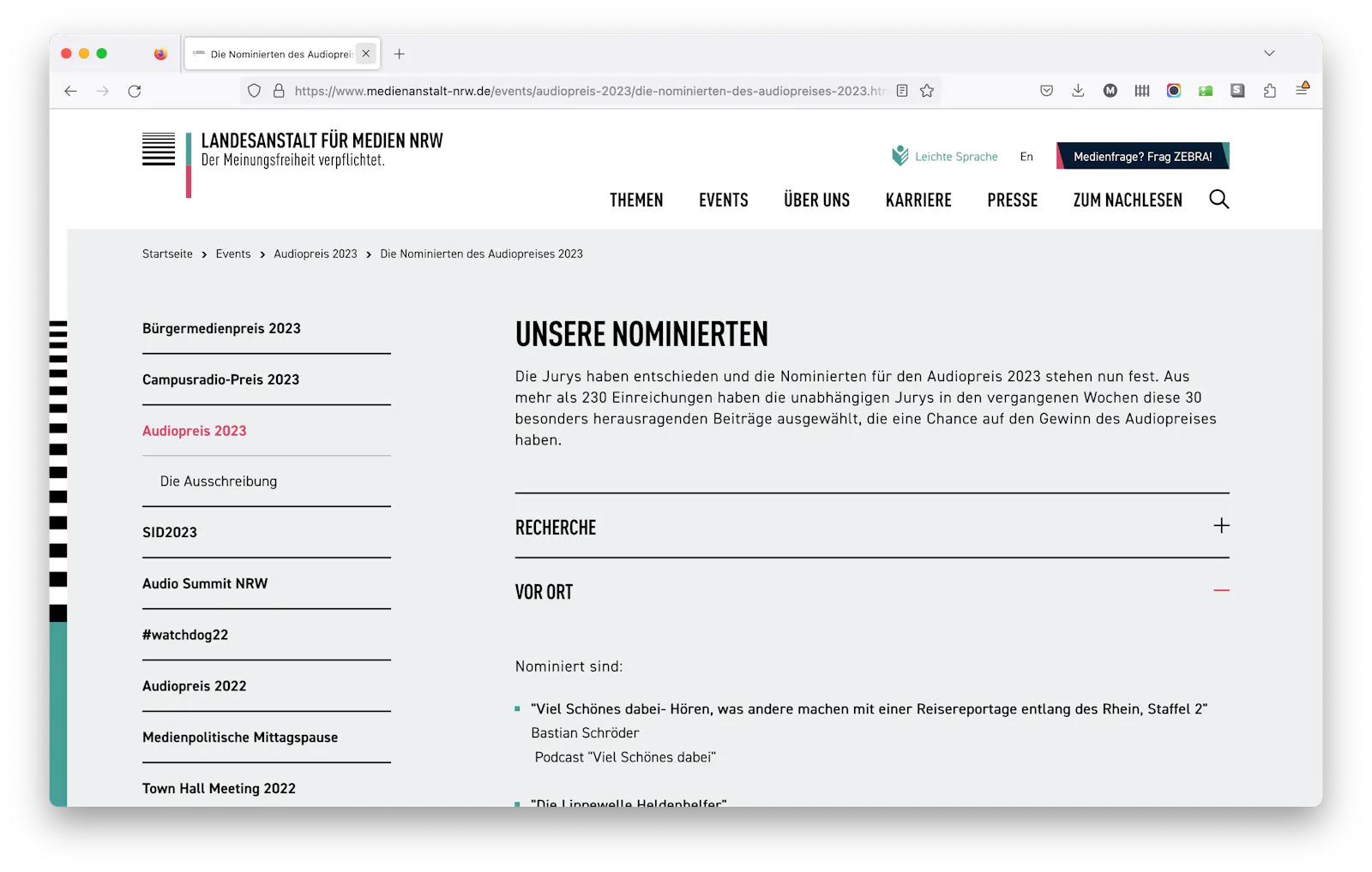 Screenshot der Website der Landesanstalt für Medien NRW mit dem nominierten Podcast viel schönes dabei