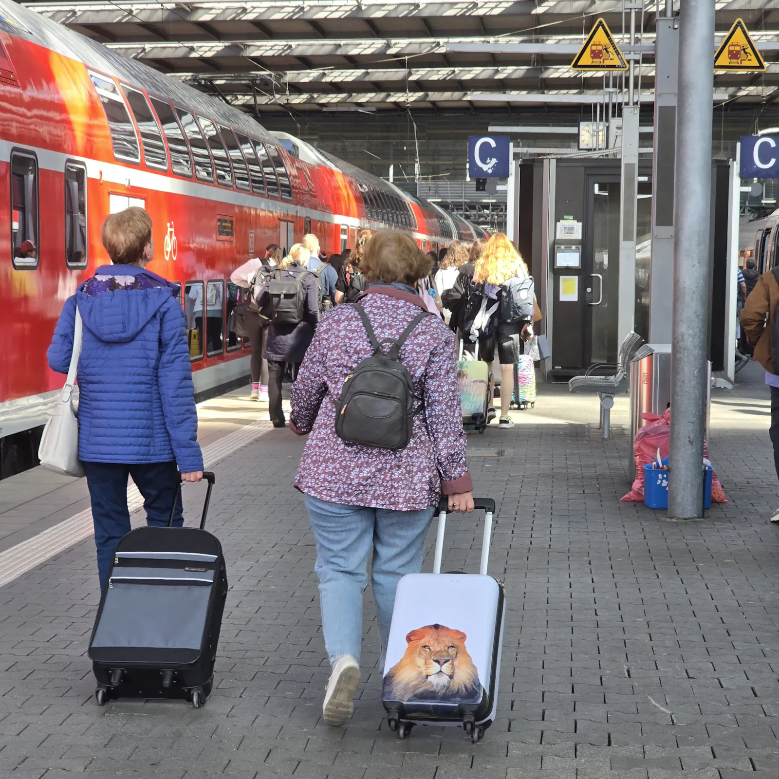 Zwei Personen mit Rollkoffer, auf einem ist ein Löwe zu sehen