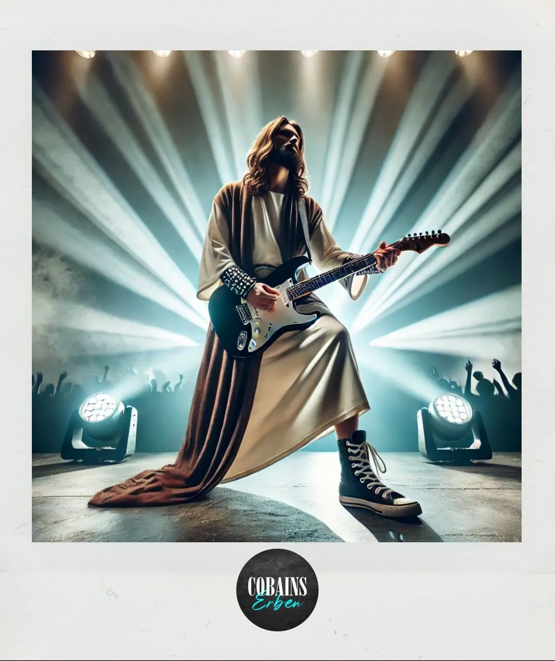 Ein KI-Bild, das Jesus als Rockstar mit einer elektrischen Gitarre auf einer Bühne zeigt.
