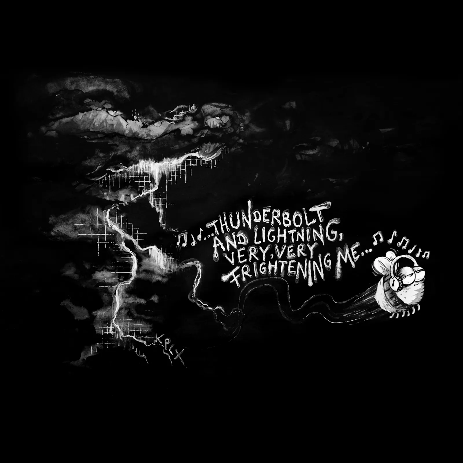 Tuschezeichnung im DIN A1-Format mit schwarzem Hintergrund: Eine Hummel mit Kopfhörern fliegt entspannt durch ein dramatisches Gewitter. Neben der Hummel steht der Liedtext: „Thunderbolt and lightning, very, very frightening me…“, begleitet von Musiknoten.