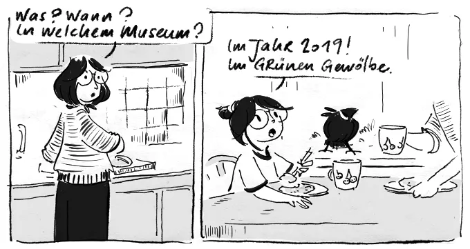 In der Küche essen sie Kirschkuchen. Su erzählt.