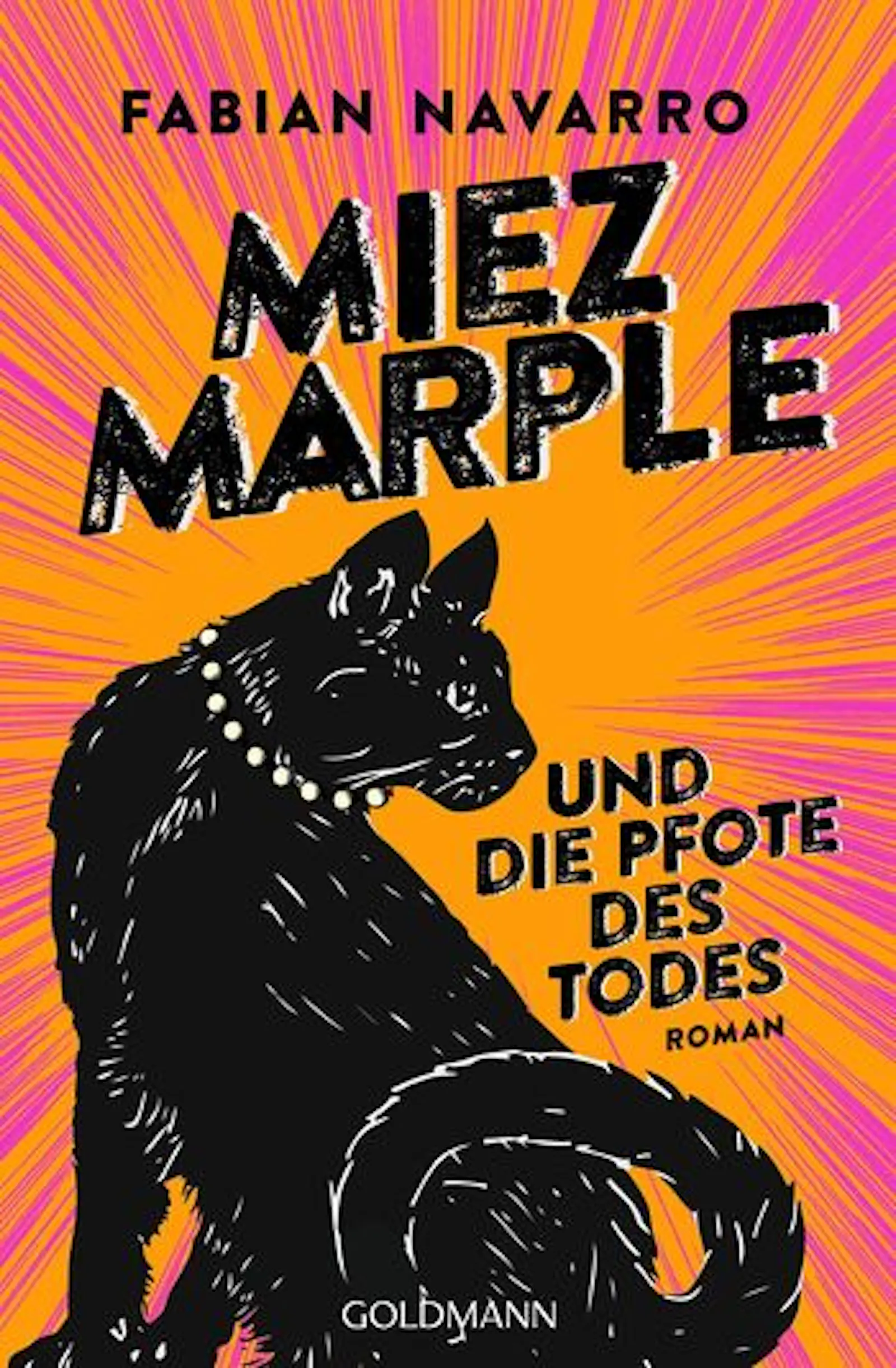 Eine Katze mit Perlenkette auf dem Cover des Buchs "Miez Marple und die Pfote des Todes"