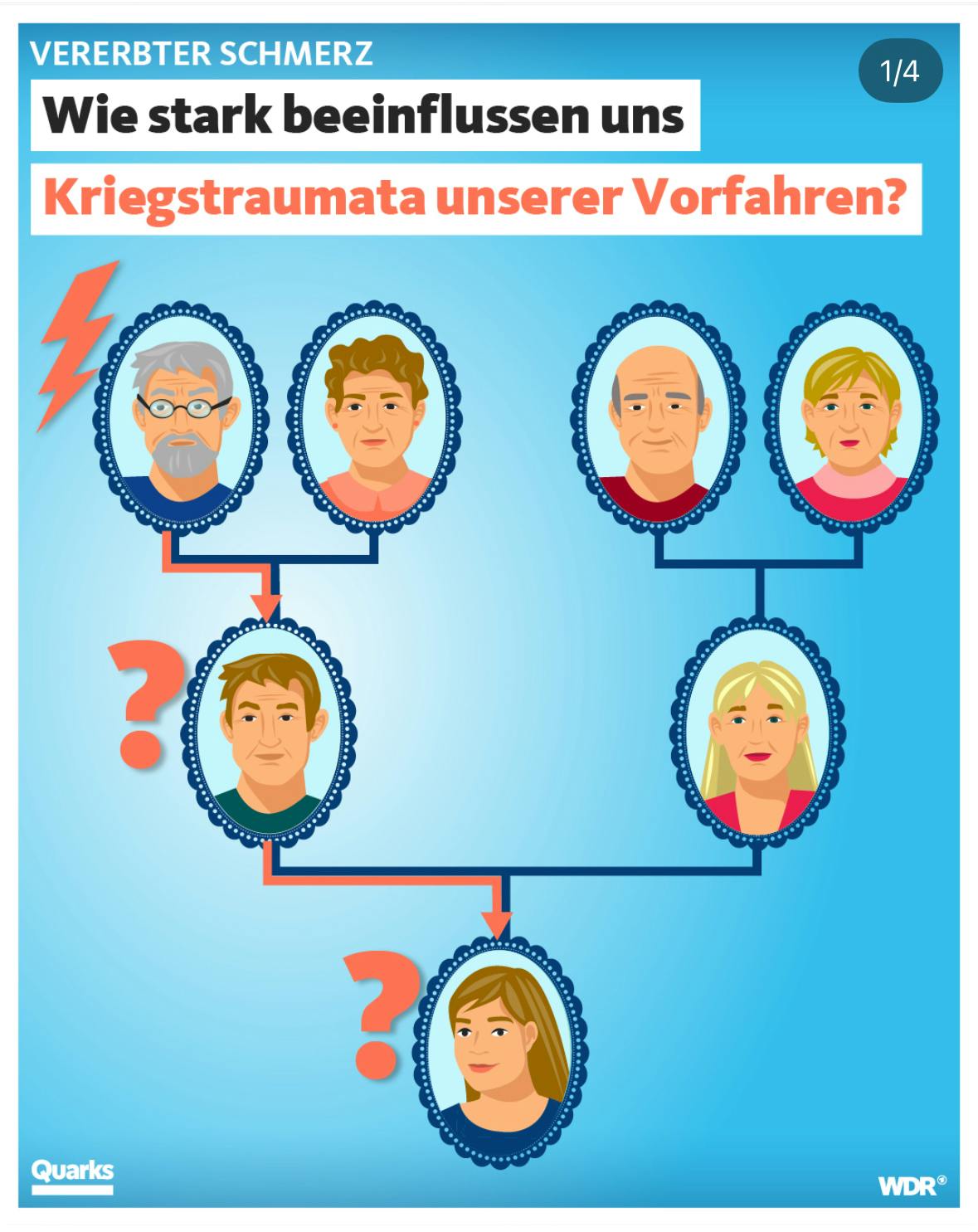 Abbildung eines Familienstammbaums mit zwei Großelternpaaren, darunter ein männlicher und ein weiblicher Nachkomme, unten ein weiblicher Nachkomme. Neben dem linken Großelternpaar ein Blitzsymbol, neben dem Sohn ein Fragezeichen, ebenso neben der Enkelin. Überschrift: VERERBTER SCHMERZ
1/4
Wie stark beeinflussen uns Kriegstraumata unserer Vorfahren?
Absender: Quarks/WDR