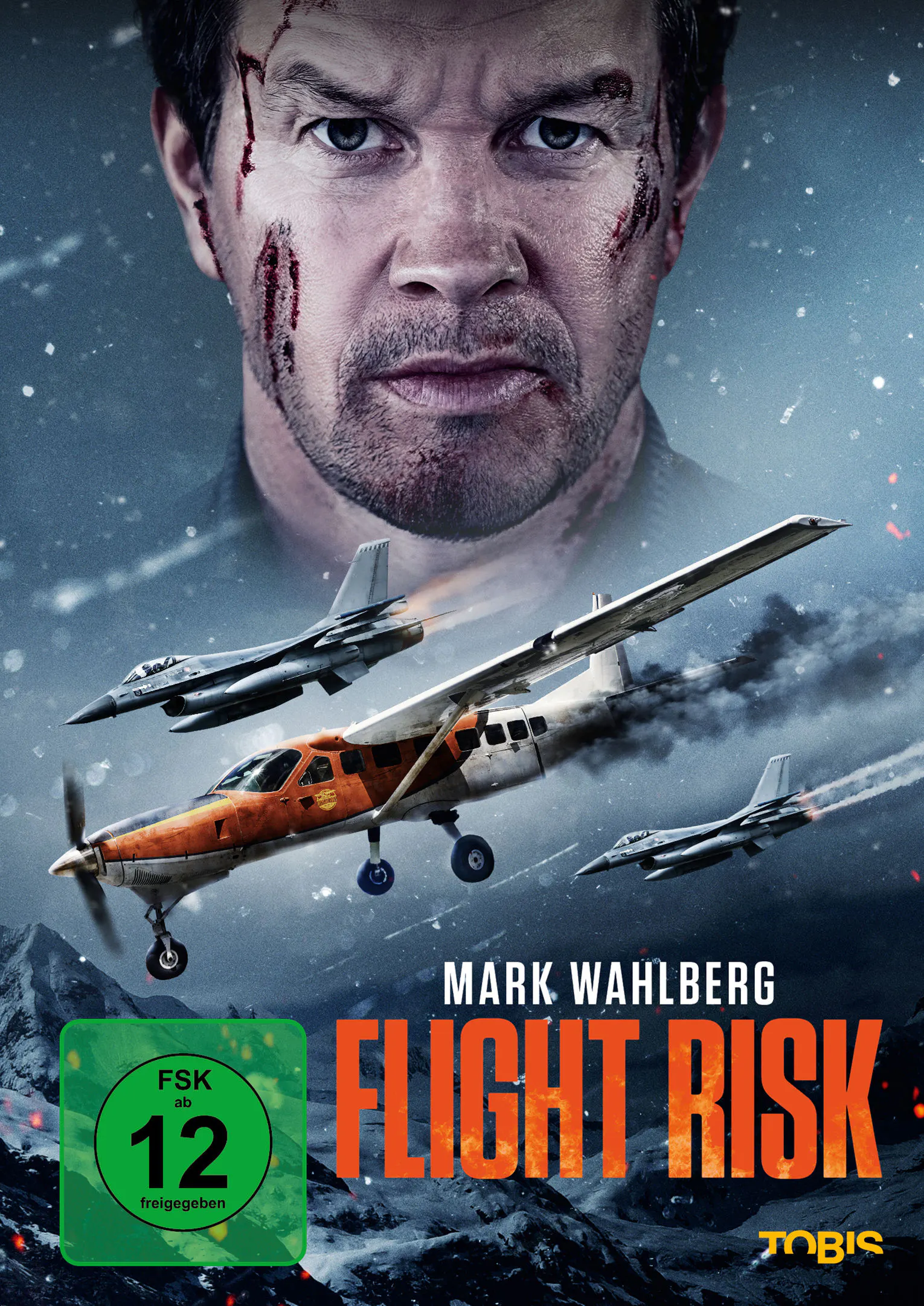Oben mittig ein ramponierter Mark Wahlberg, mittig eine kleine Chartermaschine und zwei Jets.