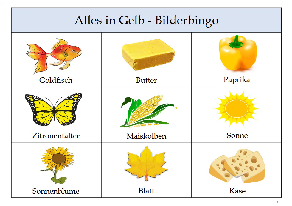 Alles in Gelb – Bilder-Bingo in Großschrift für Senioren auch mit Demenz
