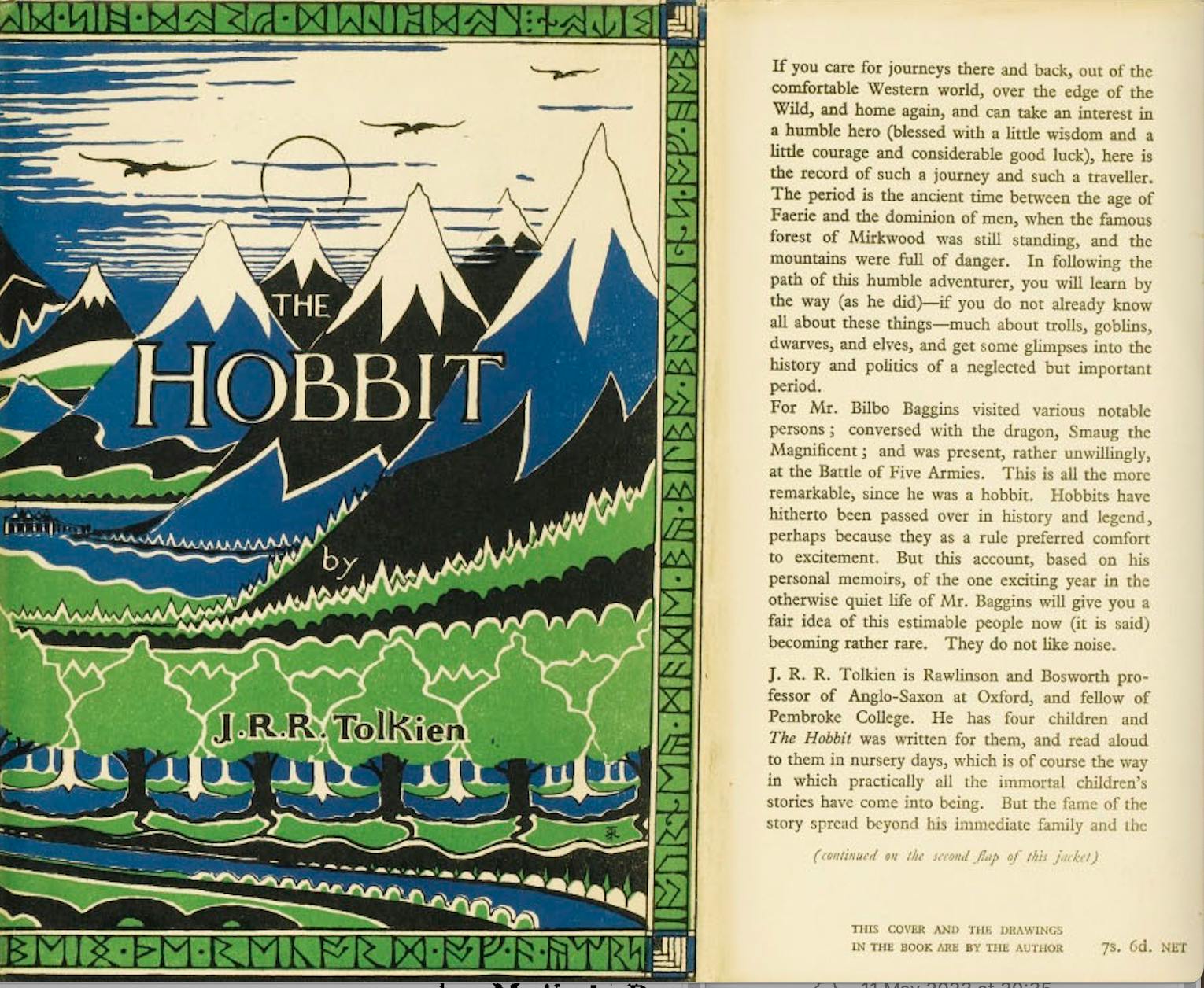 Tolkien's front cover for The Hobbit, alongside the blurb he wrote in December 1936