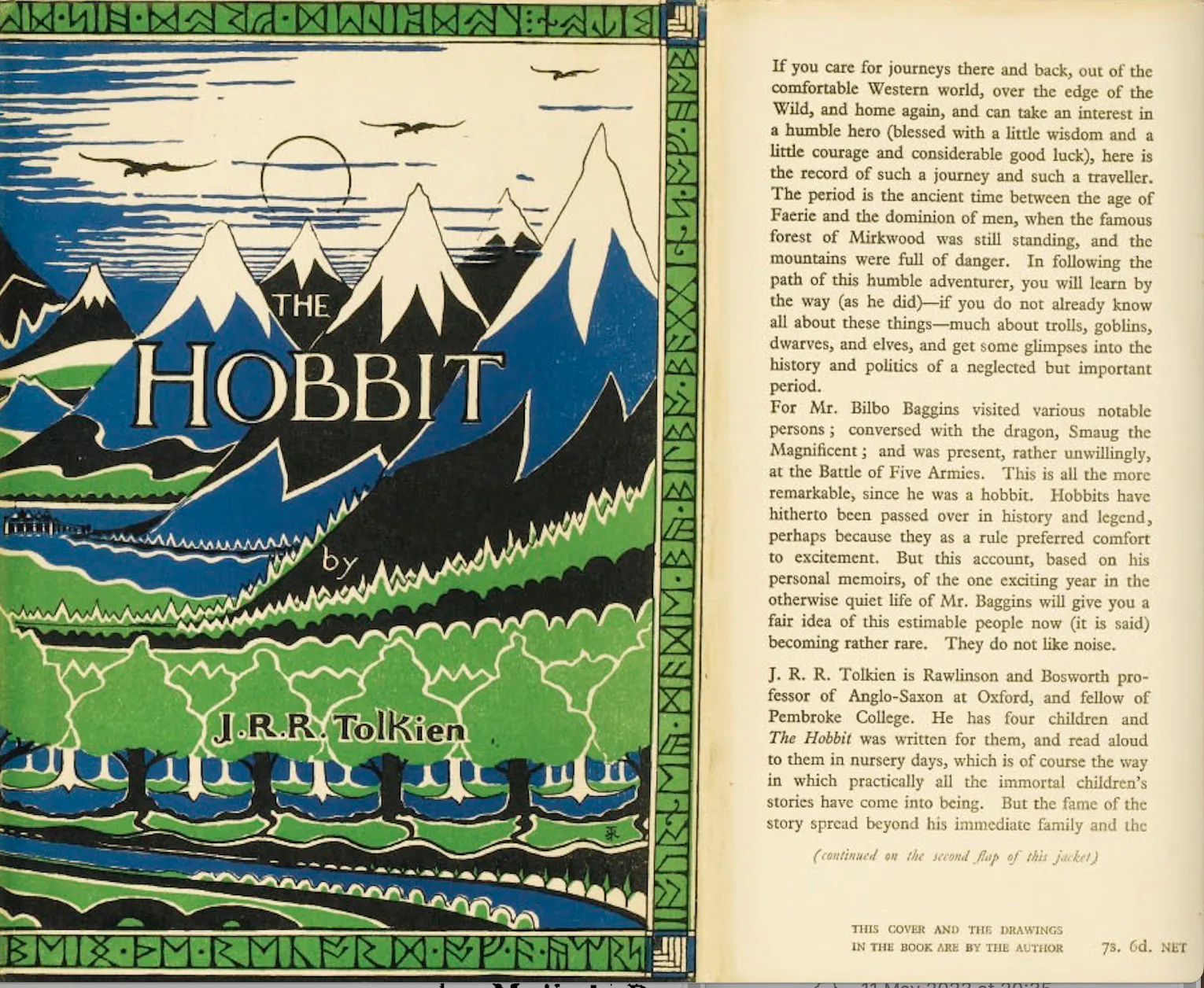 Tolkien's front cover for The Hobbit, alongside the blurb he wrote in December 1936