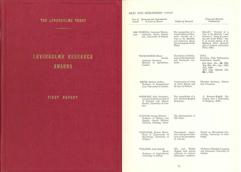 Tolkien among recipients of the 1936 Leverhulme Fellowships, as recorded in the Leverhulme Trust's first report, 1957