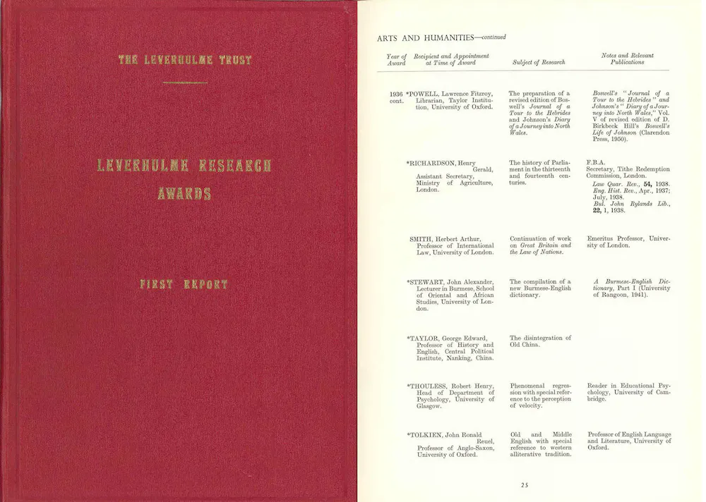 Tolkien among recipients of the 1936 Leverhulme Fellowships, as recorded in the Leverhulme Trust's first report, 1957