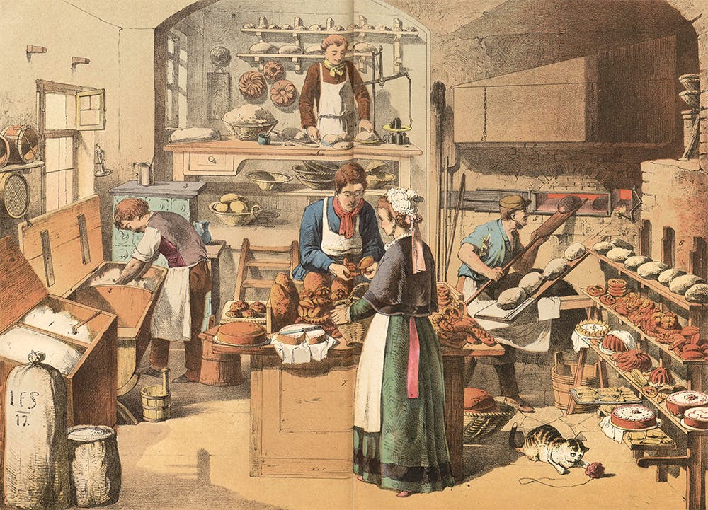 Blick in eine Backstube Mitte des 19. Jahrhunderts (Quelle: Streich & Gerstenberg: "Arbeitsstätten & Werkzeuge der wichtigsten Handwerker", 1875, Verlag Schreiber; im Archiv Lutz Geißler)
