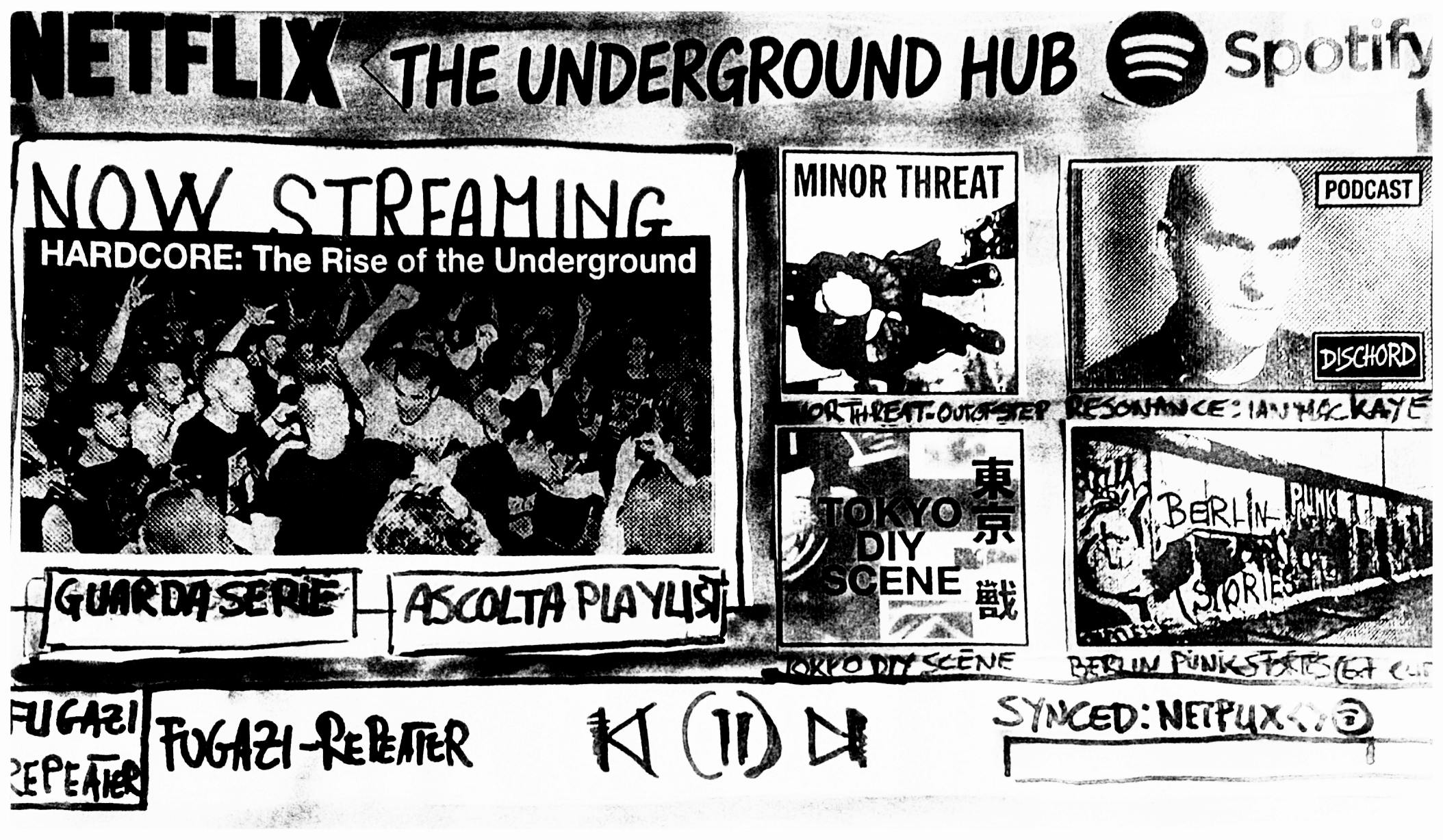 Un collage in stile fanzine punk che simula un'interfaccia digitale intitolata "The Underground Hub", con sezioni dedicate a Minor Threat, Fugazi e scene hardcore globali.