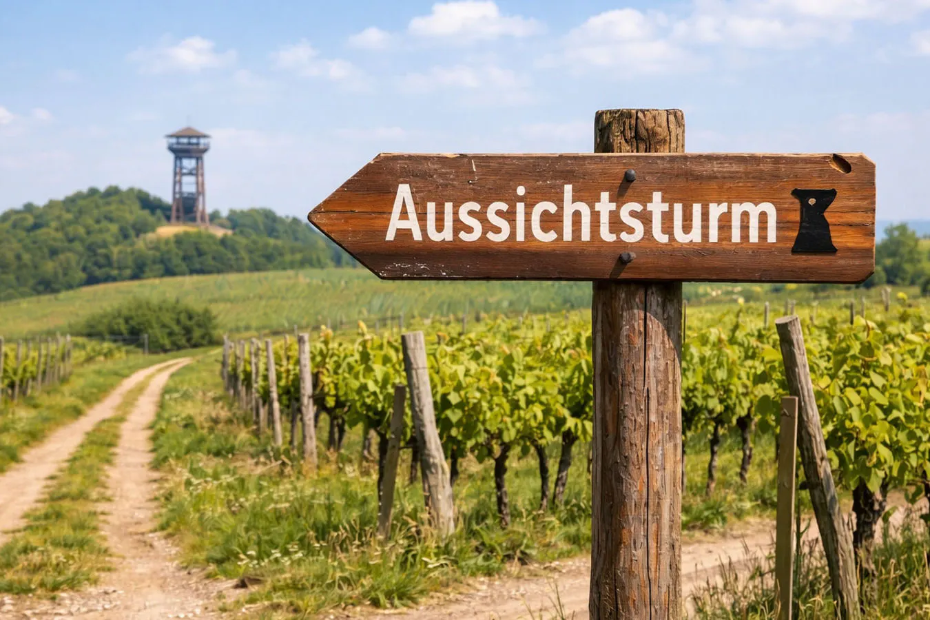 KI-generiertes Bild eines Wegweisers, der zu einem Aussichtsturm zeigt.
