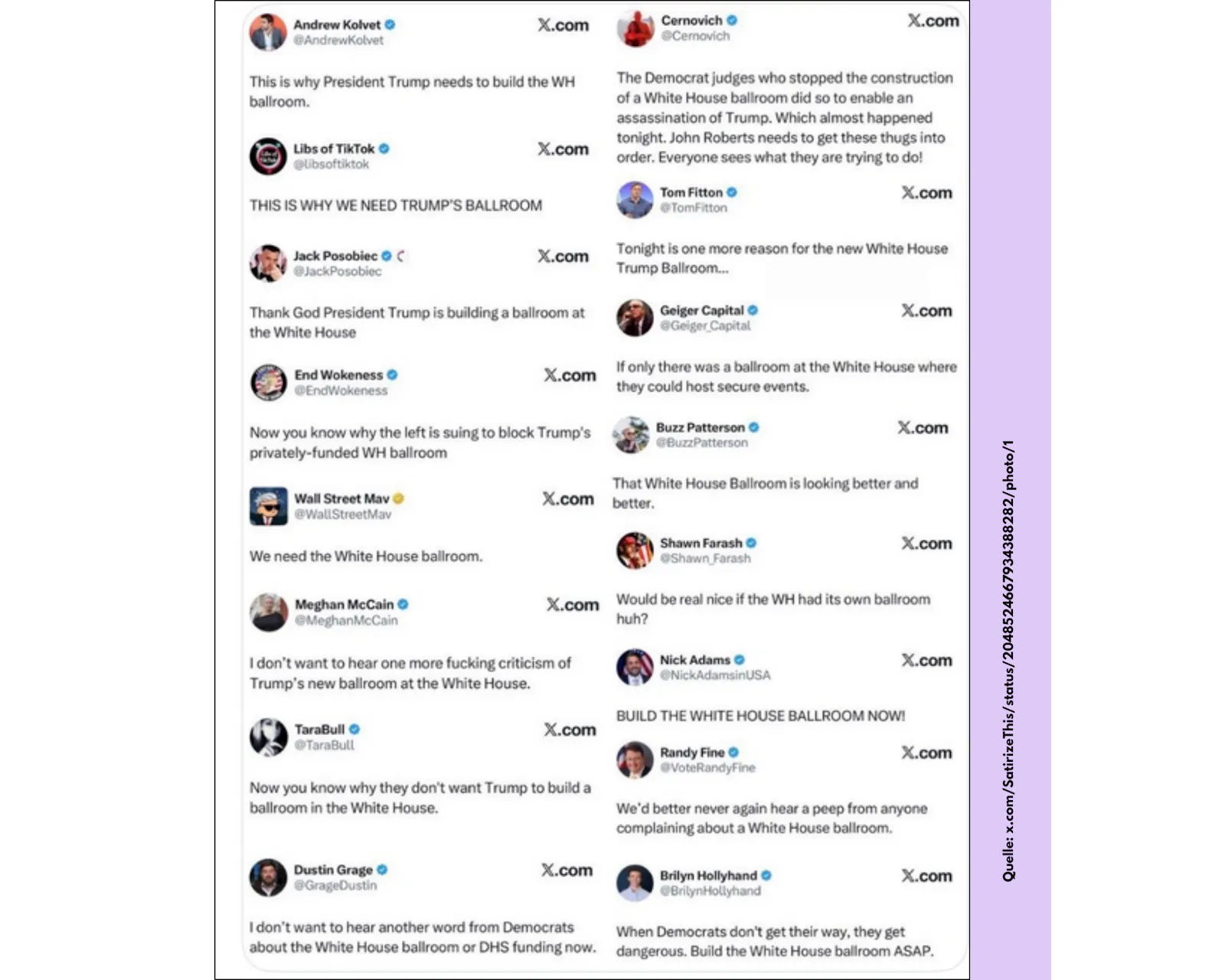 Ein Screenshot von X das insgesam 16 MAGA-nahe Influencer:innen zeigt, die beinahe zeitgleich auf X fordern, dass Trump einen neuen Ballroom braucht.