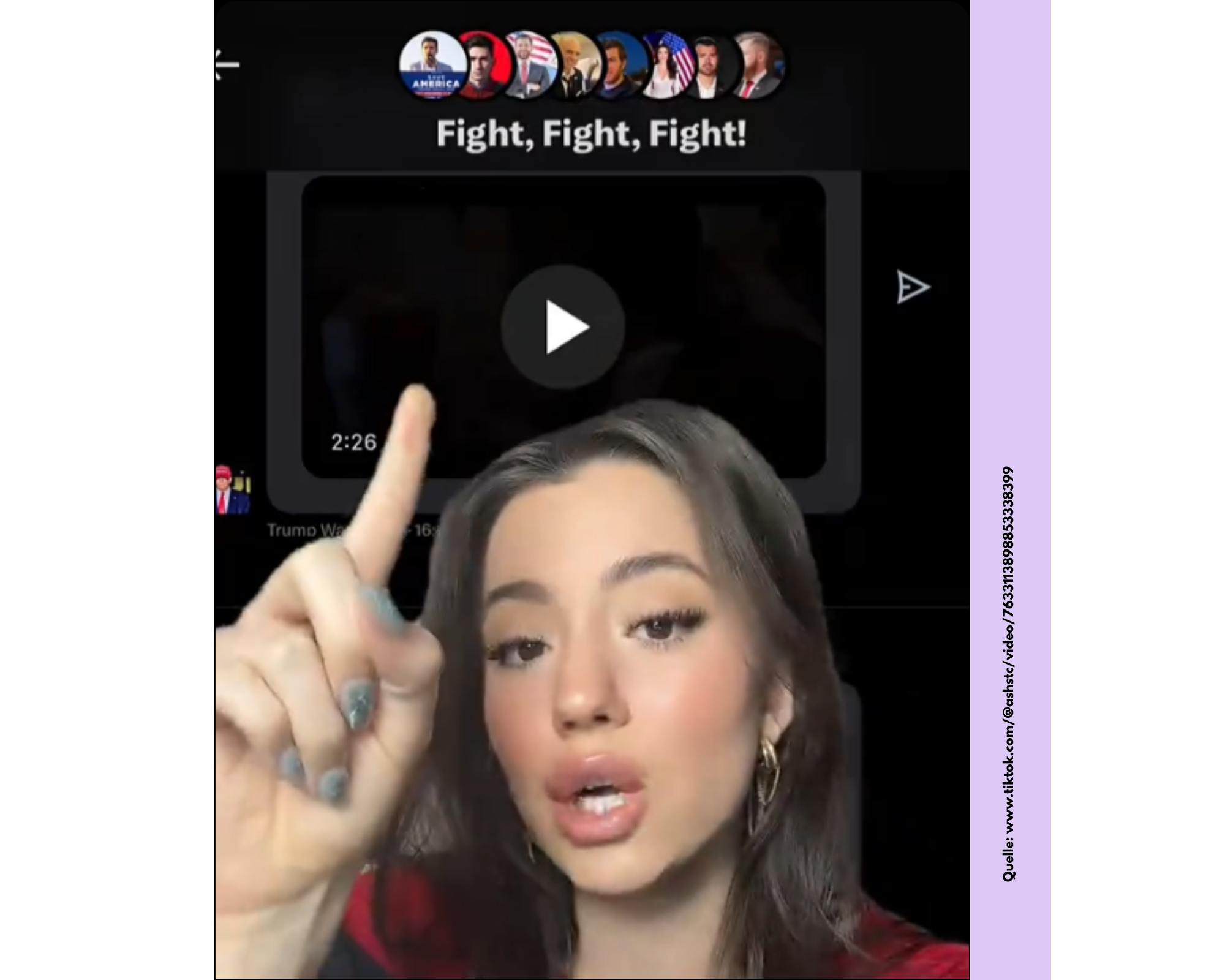 Screenshot eines Videos der (nach eigenen Angaben) ehemaligen MAGA-Influencerin Ashley St. Clair. Sie zeigt darin eine Gruppe bei X, die "Fight, Fight, Fight!" heiß.